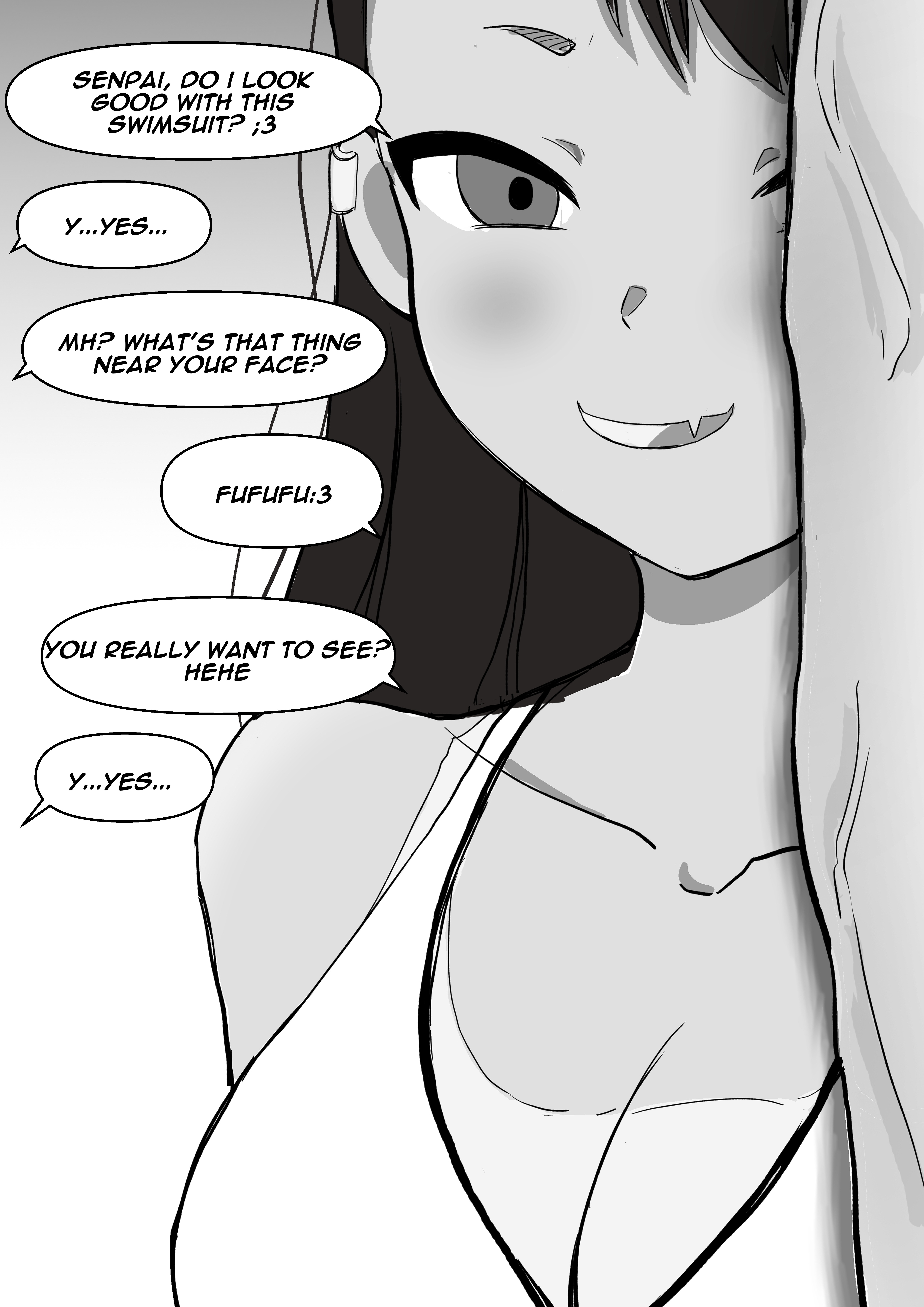 1boy, 1girls, big penis, black hair, breasts, brown eyes, cuckold, erection, female, hayase nagatoro, large penis, long hair, looking at viewer, male, monochrome, muscles, muscular, netorare, ntr, odk717, penis, please don't bully me, nagatoro, simple background, size difference, smile, tan, tanline, white background