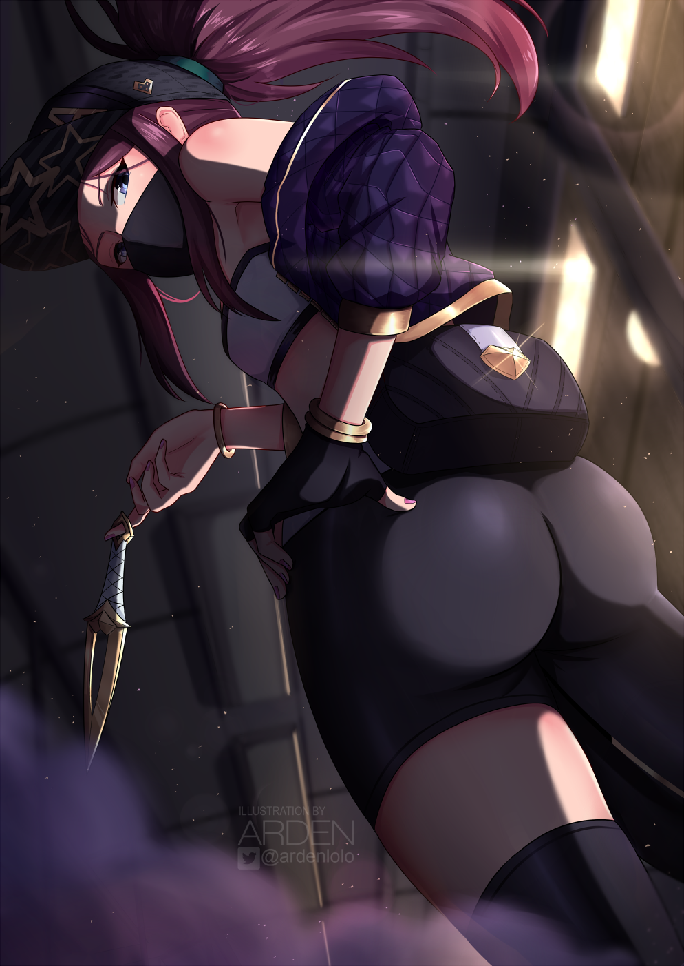 1girls akali ardenlolo asian asian_female ass ass_focus bubble_ass bubble_butt female female_only k/da_akali k/da_series league_of_legends looking_at_viewer looking_back low-angle_view spandex strapless strapless_top strapless_topwear tight_clothing tubetop