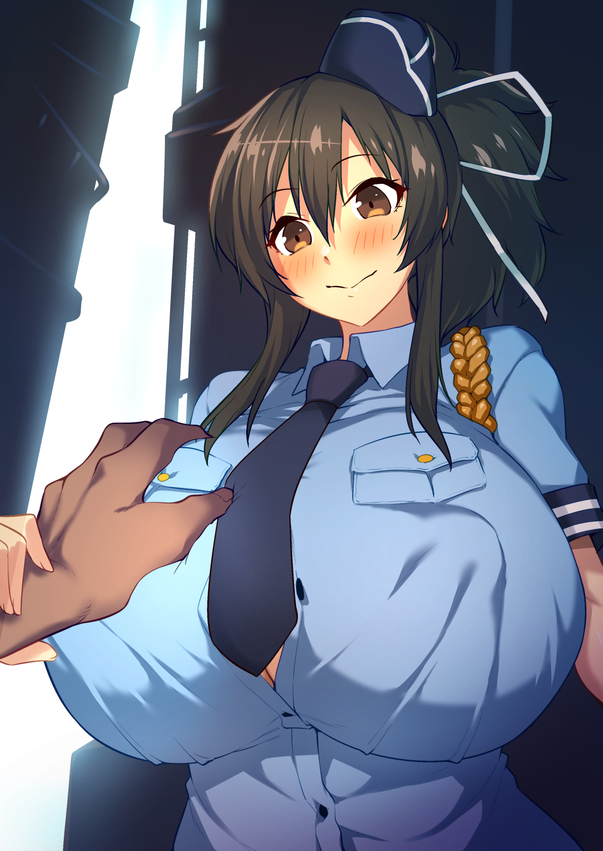 1boy, 1girls, asuka (senran kagura), big breasts, blush, breasts, brown eyes, brown hair, dark skin, dark-skinned male, female, hair ribbon, huge breasts, imminent paizuri, interracial, light skin, light-skinned female, long hair, male, police, police hat, police uniform, policewoman, ponytail, senran kagura, senran kagura (series), yonekura mochi