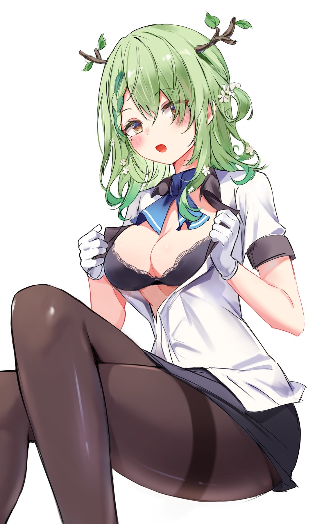 1girls beauty_mark blush boob_window ceres_fauna clothed exposing_chest female female_only flight_attendant fully_clothed gloves green_hair hololive hololive_english hololive_english_-council- hololive_english_-promise- horns light-skinned_female light_skin lingerie looking_at_viewer opening_shirt orobou pov simple_background sitting solo virtual_youtuber white_background yellow_eyes