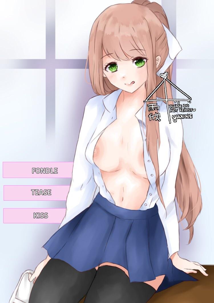 blue_skirt blush brown_hair choice choices doki_doki_literature_club green_eyes looking_at_viewer monika_(doki_doki_literature_club) shirt skirt text text_box tongue tongue_out unbuttoned unbuttoned_shirt white_shirt yuxine