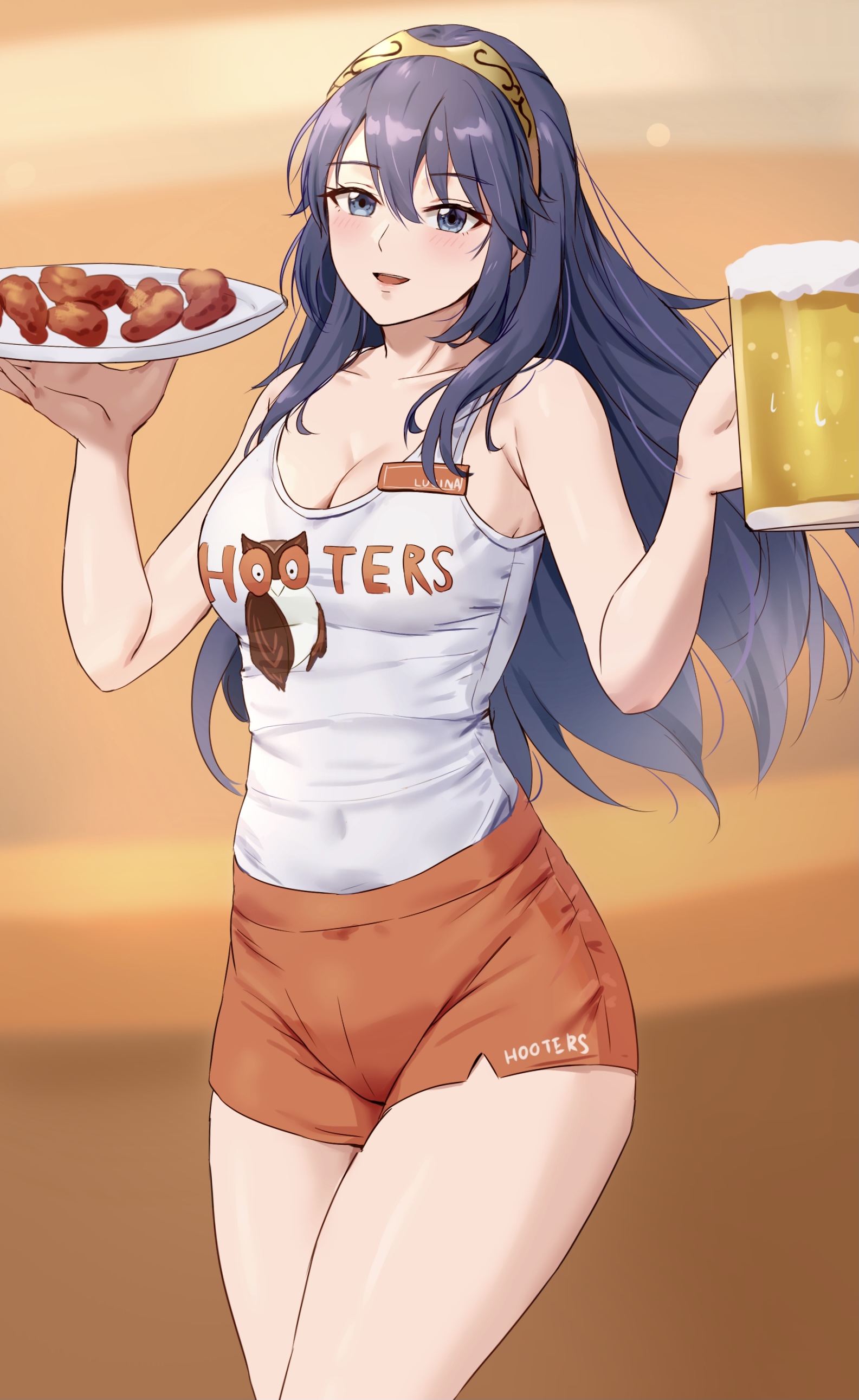1girls, absurdres, alcohol, alternate costume, amayo thranana, bangs, bare shoulders, beer, beer mug, blue eyes, blue hair, breasts, character name, cleavage, collarbone, commentary, commission, covered navel, cup, english commentary, female, female only, fire emblem, fire emblem awakening, food, hair between eyes, highres, holding, holding cup, holding plate, hooters, long hair, looking at viewer, lucina (fire emblem), medium breasts, mug, nintendo, open mouth, orange shorts, plate, shirt, short shorts, shorts, sleeveless, sleeveless shirt, smile, solo, tank top, thighs, tiara, waitress, white shirt, white tank top