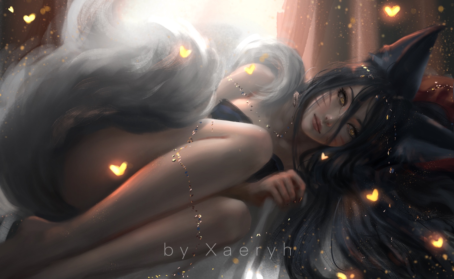 1girls, ahri, ass, big ass, casual, female, female only, fluffy tail, league of legends, light skin, light-skinned female, looking at viewer, painting (artwork), realistic, solo, tail, thick thighs, vastaya, xaeryh, yellow eyes