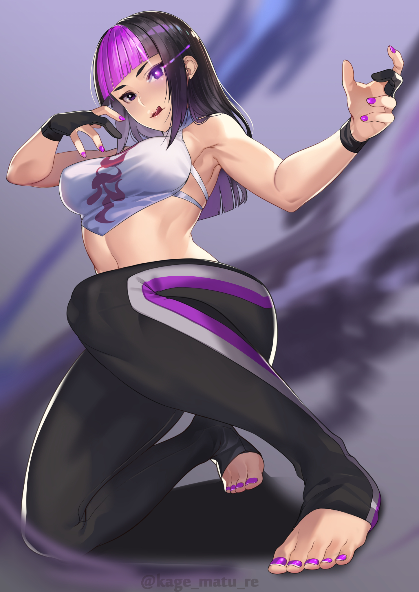 1girls, armband, armpits, asymmetrical gloves, bangs, bare arms, bare shoulders, black gloves, black hair, black legwear, blunt bangs, female, female only, fingerless gloves, fully clothed, gloves, glowing eye, halterneck, highres, juri han, kagematsuri, knee up, long hair, midriff, multicolored hair, nail polish, purple eyes, purple hair, purple nails, shirt, sleeveless, solo, stirrup legwear, street fighter, street fighter v, tank top, toenail polish, toes, tongue, tongue out, two-tone hair, white shirt