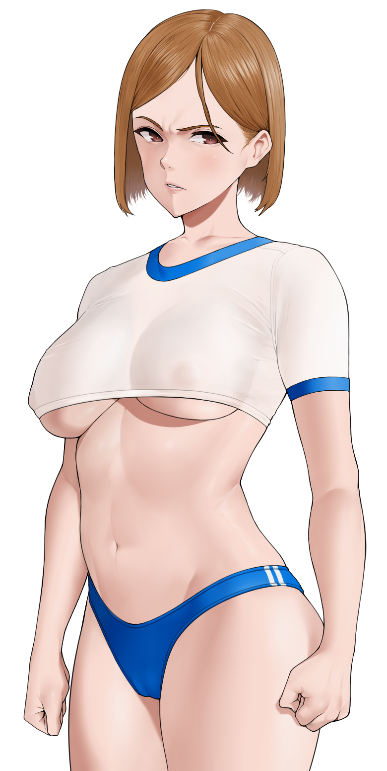 1girls 2022 belly bloomers brown_eyes brown_hair buruma cameltoe female jujutsu_kaisen kugisaki_nobara looking_at_viewer medium_breasts microshorts navel nipples no_bra rinrin_(user_tvcf4347) see-through simple_background sports_shorts sports_uniform sportswear standing thong underwear white_background