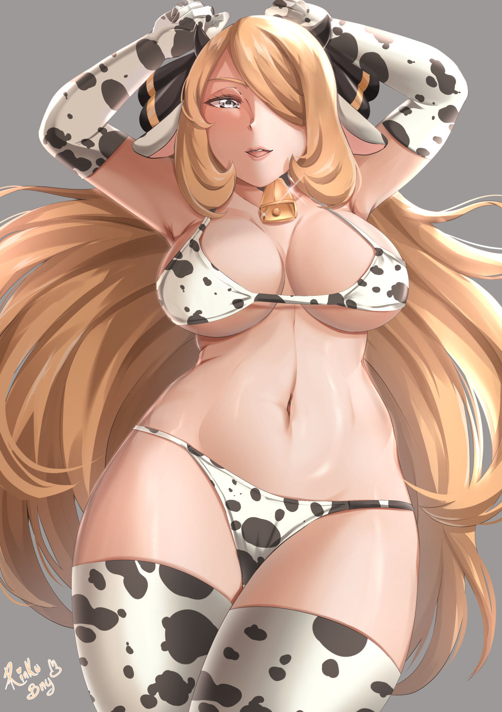 1girls, big breasts, bikini, bikini bottom, bikini top, black eyes, blonde hair, breasts, cleavage, cow ears, cow horns, cow print, cow print armwear, cow print bikini, cow print thighhighs, cowbell, cynthia (pokemon), female, female only, game freak, hair, hair ornament, hair over one eye, headwear, huge breasts, lips, long hair, mature, mature female, neckwear, pokemon, pokemon dppt, rinku bny, solo, solo female, swimsuit, swimwear, thick thighs, thighhighs, thighs