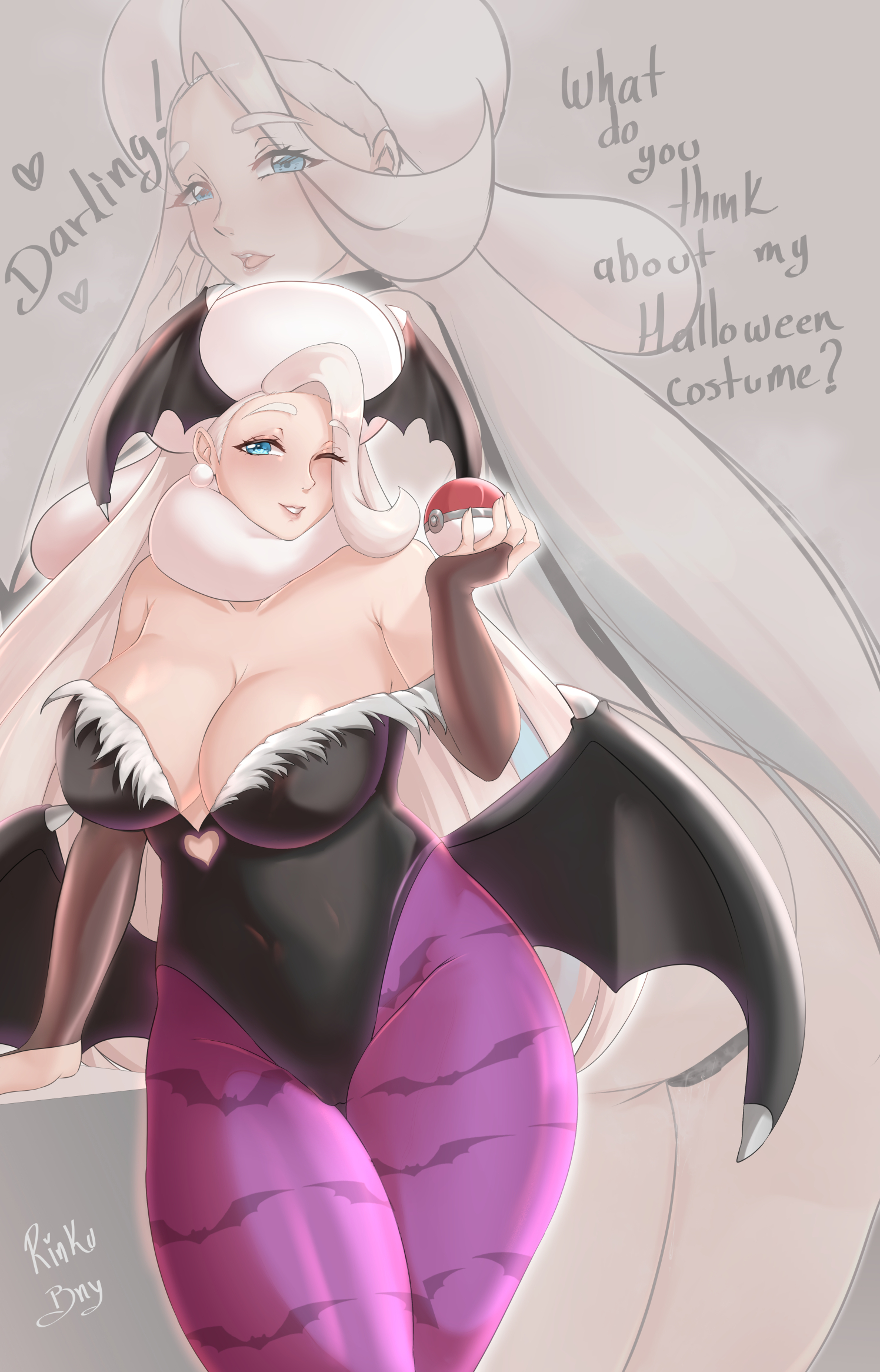 1girls, alternate version available, armwear, bat wings, big breasts, black leotard, blue eyes, breasts, capcom, cleavage, clothing, cosplay, crossover cosplay, darkstalkers, earrings, english, english text, female, female only, game freak, hair, halloween, halloween costume, hat, headwear, huge breasts, large breasts, legwear, leotard, long hair, mature, mature female, melony (pokemon), milf, morrigan aensland, morrigan aensland (cosplay), mother, one eye closed, pantyhose, pokeball, pokemon, pokemon ss, purple legwear, rinku bny, solo, solo female, text, white hair, wings, wink, winking