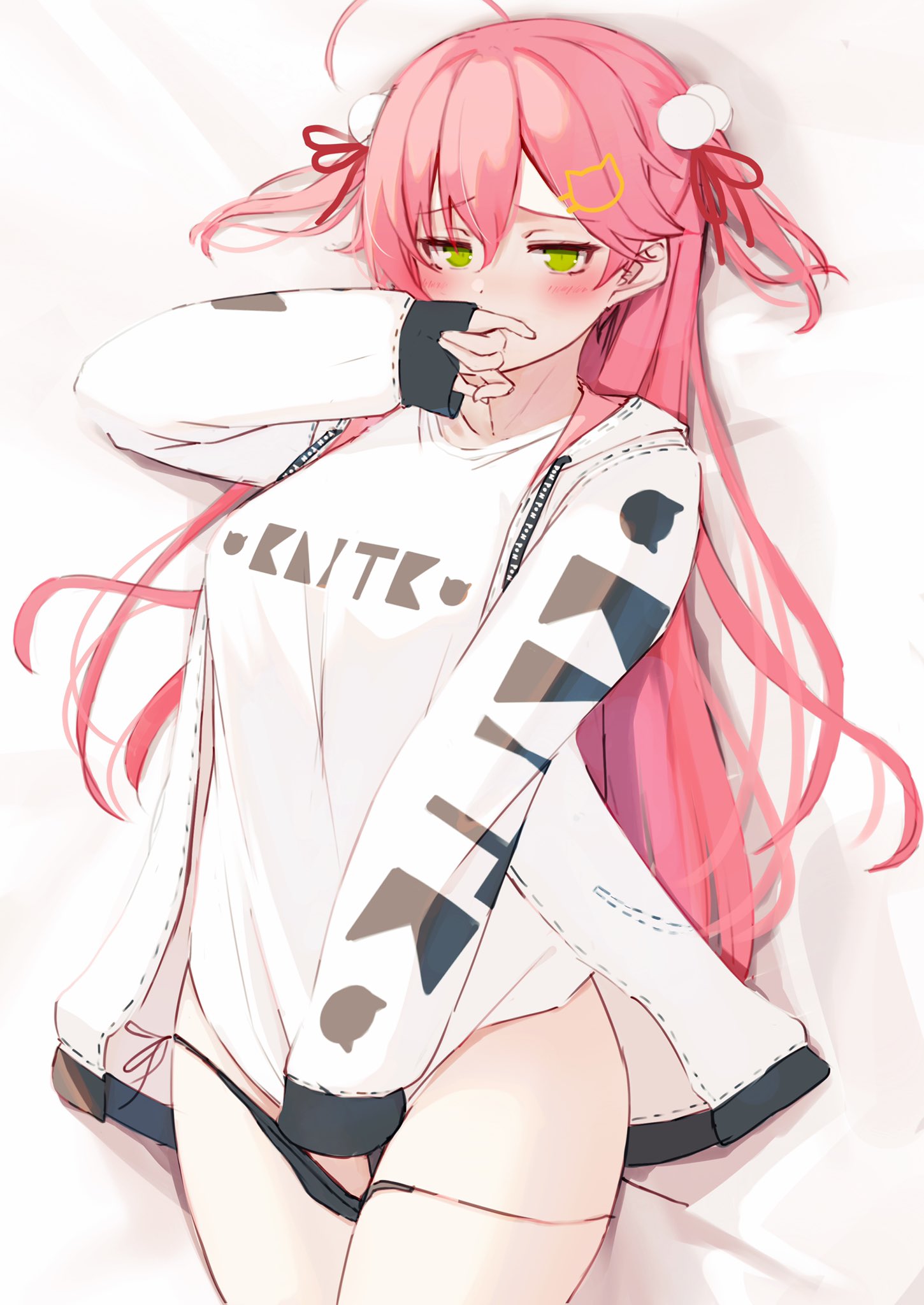 1girls, black panties, blush, breasts, cat hair ornament, female, green eyes, hair ornament, hand in own panties, hand in panties, hololive, hololive gen 0, hololive japan, jacket, large breasts, light skin, light-skinned female, long hair, masturbation, nyan mcq, open jacket, pale skin, pale-skinned female, panties, pink hair, sakura miko, shirt, side-tie panties, solo, solo female, t-shirt, text on shirt, virtual youtuber, white jacket, white shirt