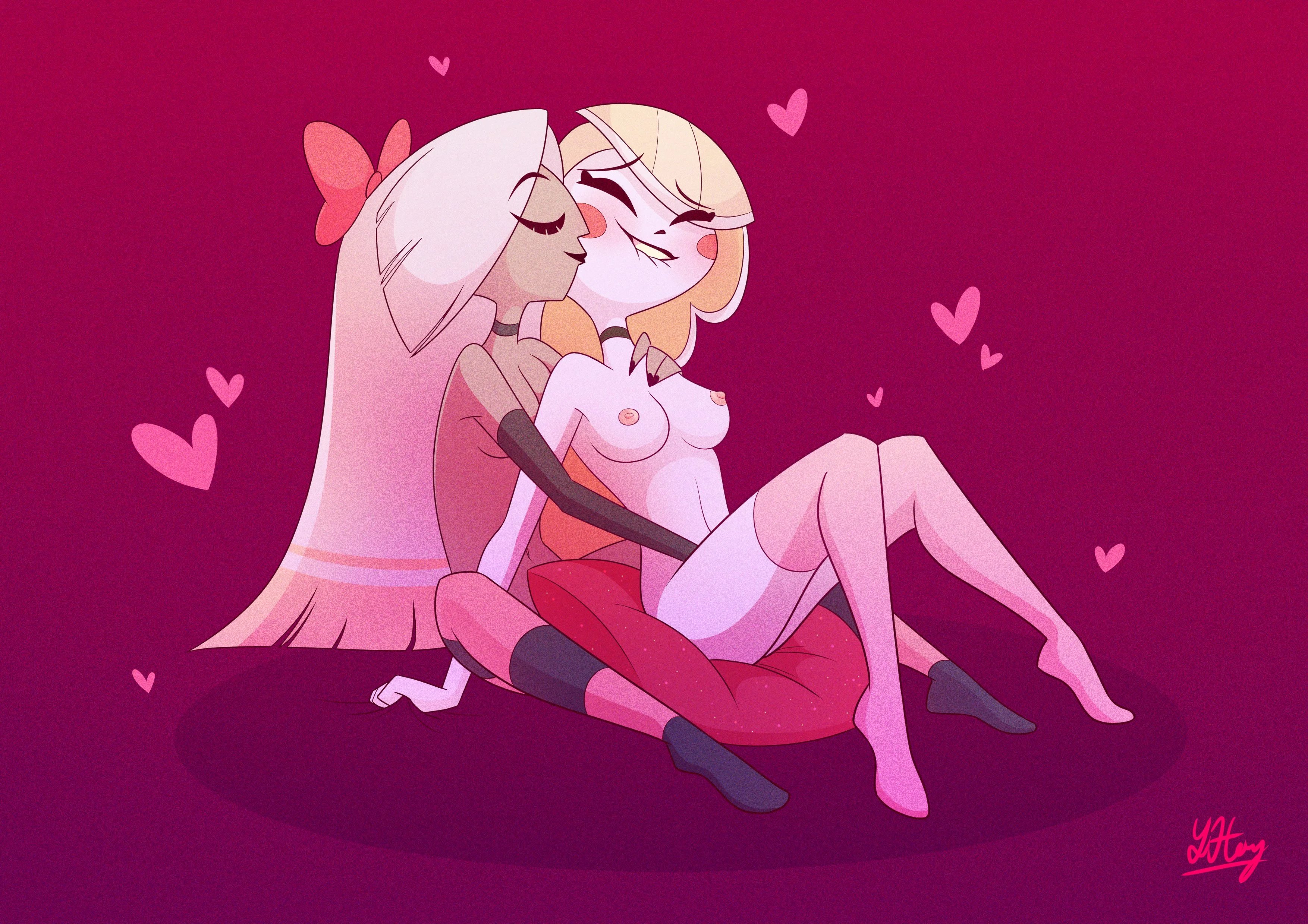 2demons, 2girls, adorable, artist signature, biting lip, blonde hair, blush, bow, canon couple, charlie morningstar (hazbin hotel), choker, cute, female, female only, fingering, from behind, happy, happy female, hazbin hotel, heart, hearts, implied fingering, kissing cheek, lesbian, looking pleasured, multiple females, multiple girls, nude, reach around, stockings, tagme (artist), thighhighs, vaggie (hazbin hotel), very long hair, wholesome, yuri