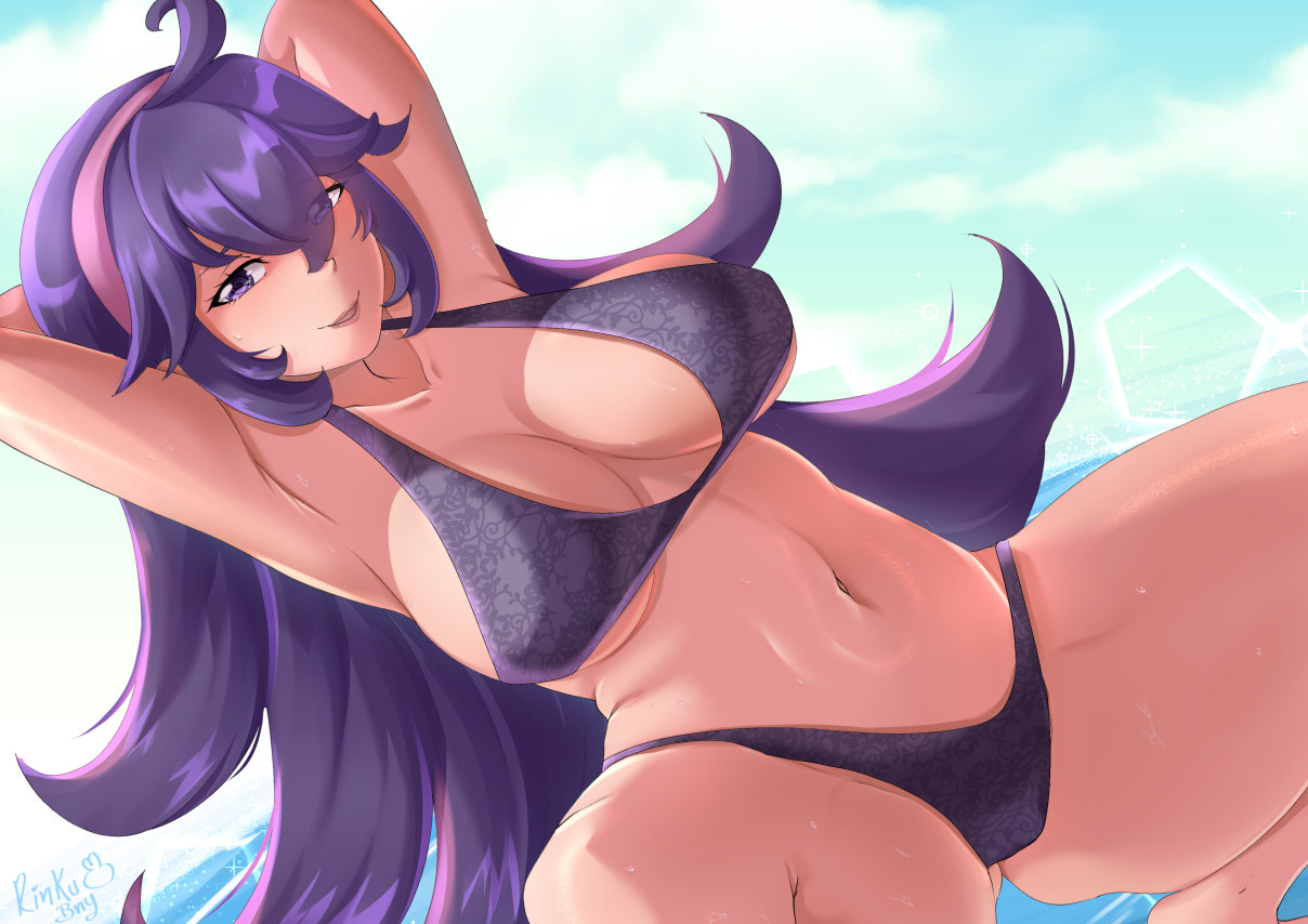 1girls, big breasts, bikini, bikini bottom, bikini top, breasts, cleavage, female, female only, goth, hair, hands behind head, hex maniac, huge breasts, long hair, mature, mature female, pokemon, pokemon xy, purple bikini, purple eyes, purple hair, rinku bny, solo, solo female, swimsuit, swimwear