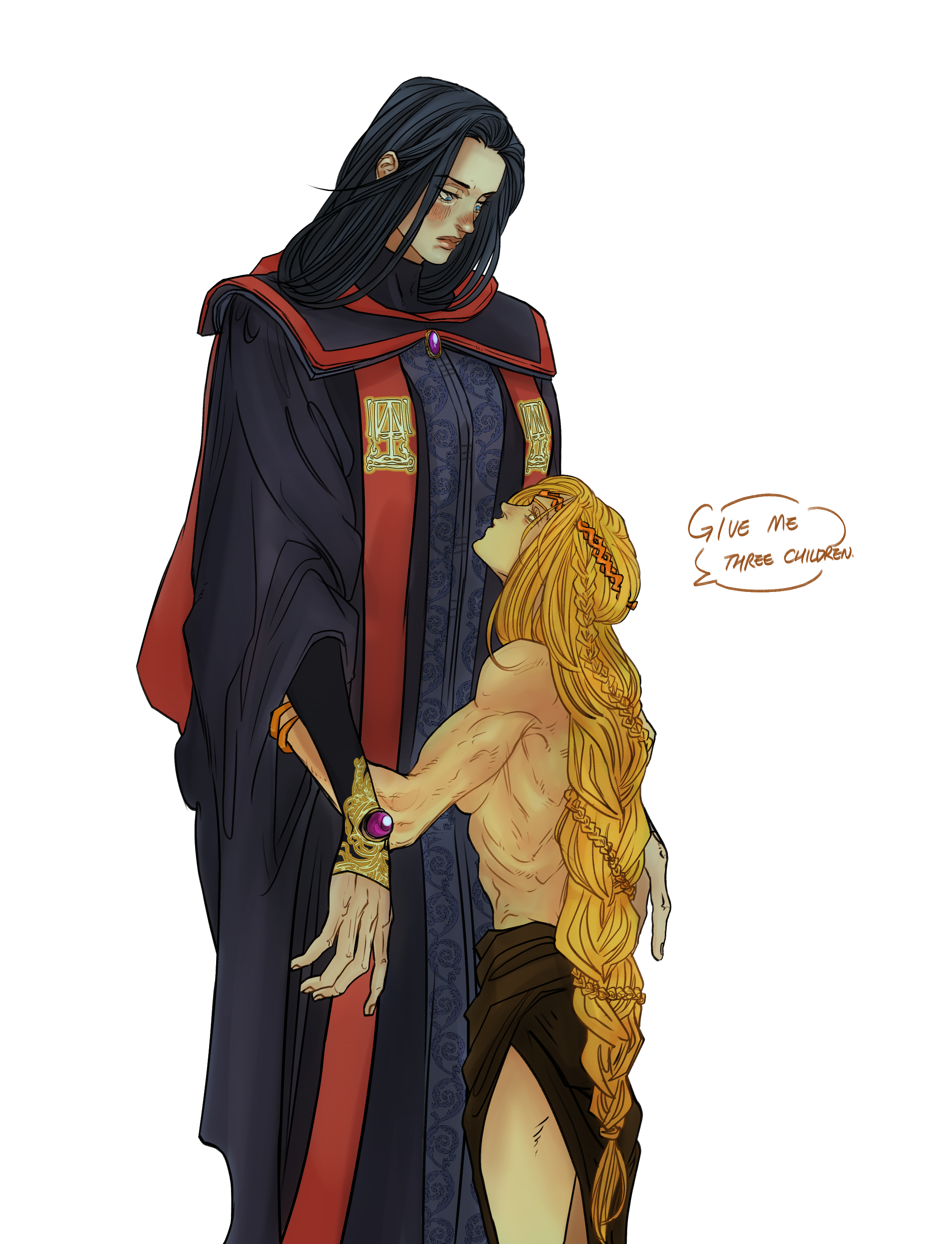 2girls, bare back, bare shoulders, bigger female, black hair, blonde, blonde female, blonde hair, breasts, clothing, crown, elden ring, female, female only, fromsoftware, hugging, marceline2174, queen marika the eternal, rennala queen of the full moon, sideboob, size difference, taller female, topless, topless female, very long hair, yuri