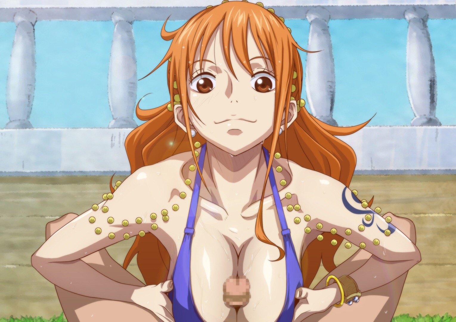 1boy, 1girls, arm tattoo, big breasts, blue tattoo, breasts, censored, censored penis, clothing, female, kyabakurabakufu, male, nami (one piece), nami (one piece) (zou), one piece, one piece: zou arc, orange hair, orange-haired female, penis, post-timeskip, purple dress, tattoo
