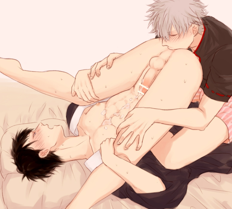 2boys anilingus ass_up bar_censor black_hair blush cum cum_on_body cum_on_self erection gay gintama gintoki_sakata hijikata_toshiro kimono male male_only mame_(pixiv) no_underwear on_back on_bed open_clothes open_kimono oral penis rimming sweat yaoi