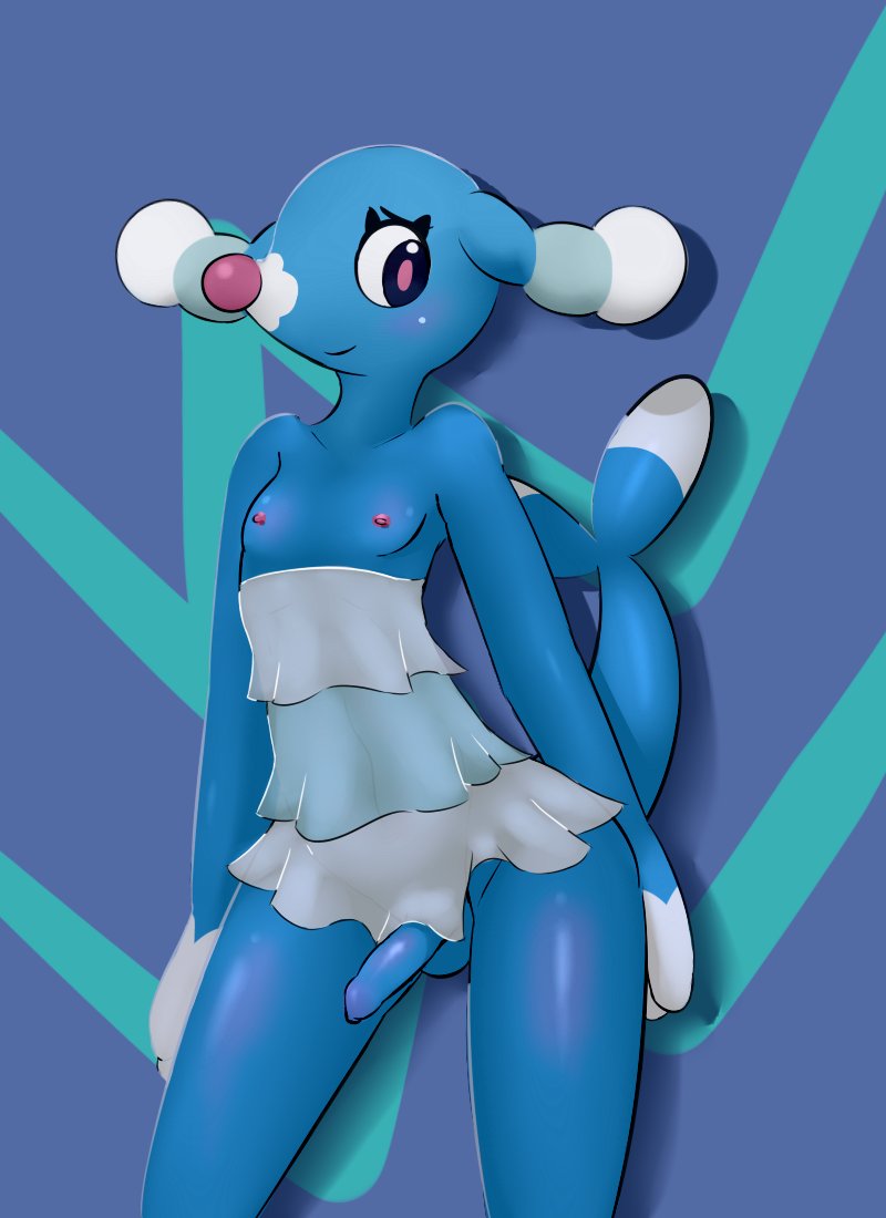 balls blush bottomless breasts brionne clothed clothing dress fluffolio generation_7_pokemon genitals girly looking_at_viewer male nintendo partially_clothed penis pokemon pokemon_(species) solo video_games