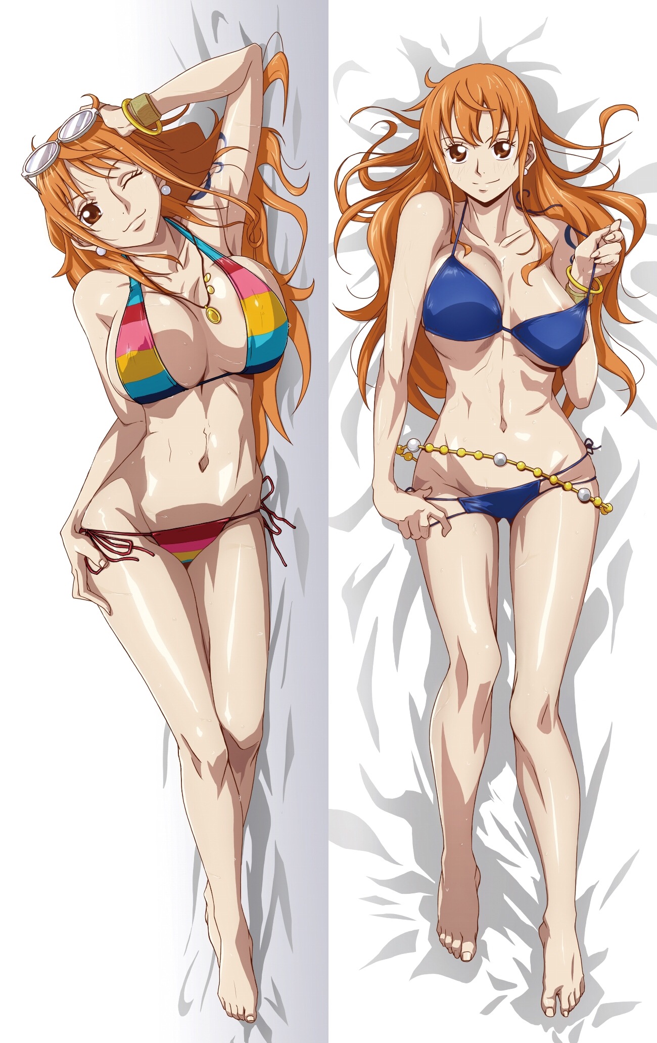 1girls, arm tattoo, big breasts, bikini, bikini bottom, blue bikini, blue tattoo, breasts, clothing, dakimakura, dakimakura design, earrings, feet, female, female only, glasses, hi res, kyabakurabakufu, long hair, looking at viewer, nami (one piece), necklace, one piece, one piece film z, orange hair, orange-haired female, post-timeskip, rainbow bikini, shiny skin, solo female, swimsuit, tattoo, teasing, wink