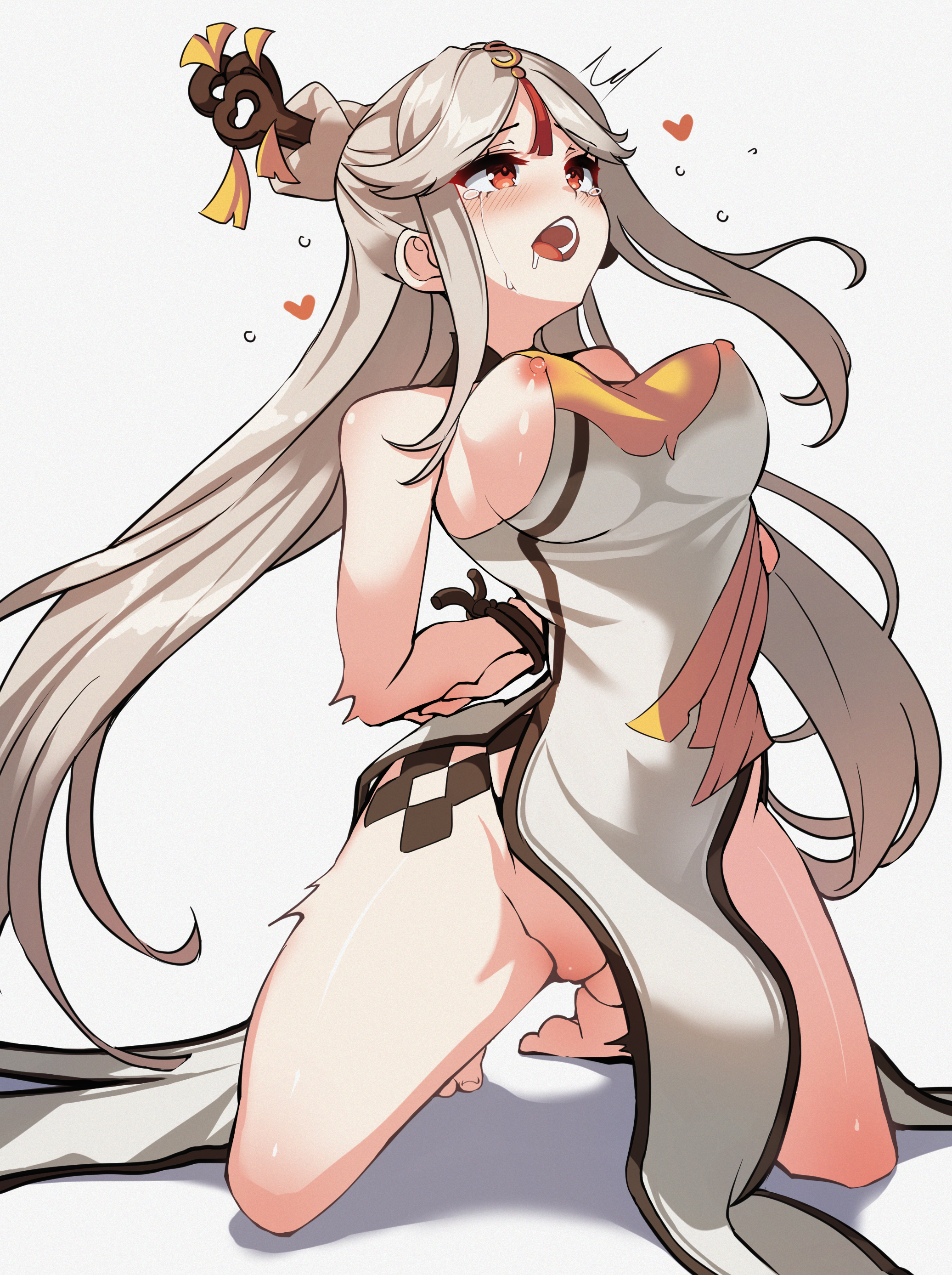 arms tied, arms tied behind back, big breasts, blush, bondage, breasts, clothed, clothed female, crying, crying with eyes open, female, genshin impact, hair ornament, long hair, ningguang (genshin impact), nipples, nipples visible through clothing, orgasm, orgasm face, red eyes, restrained, thighs, white hair