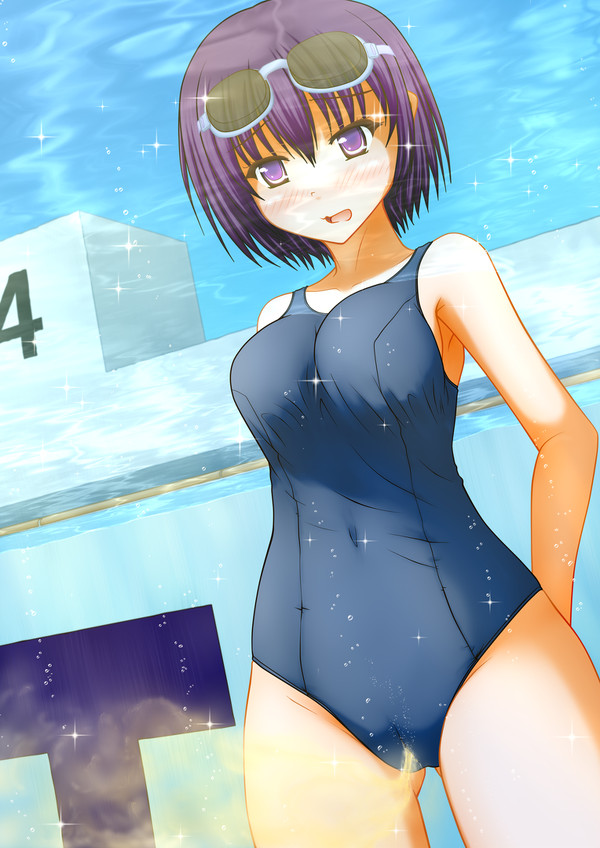 one-piece_swimsuit peeing peeing_in_pool peeing_self peeing_underwater pullpull15 purple_eyes purple_hair sunglasses sunglasses_on_head swimsuit swimwear underwater urine wetting wetting_self