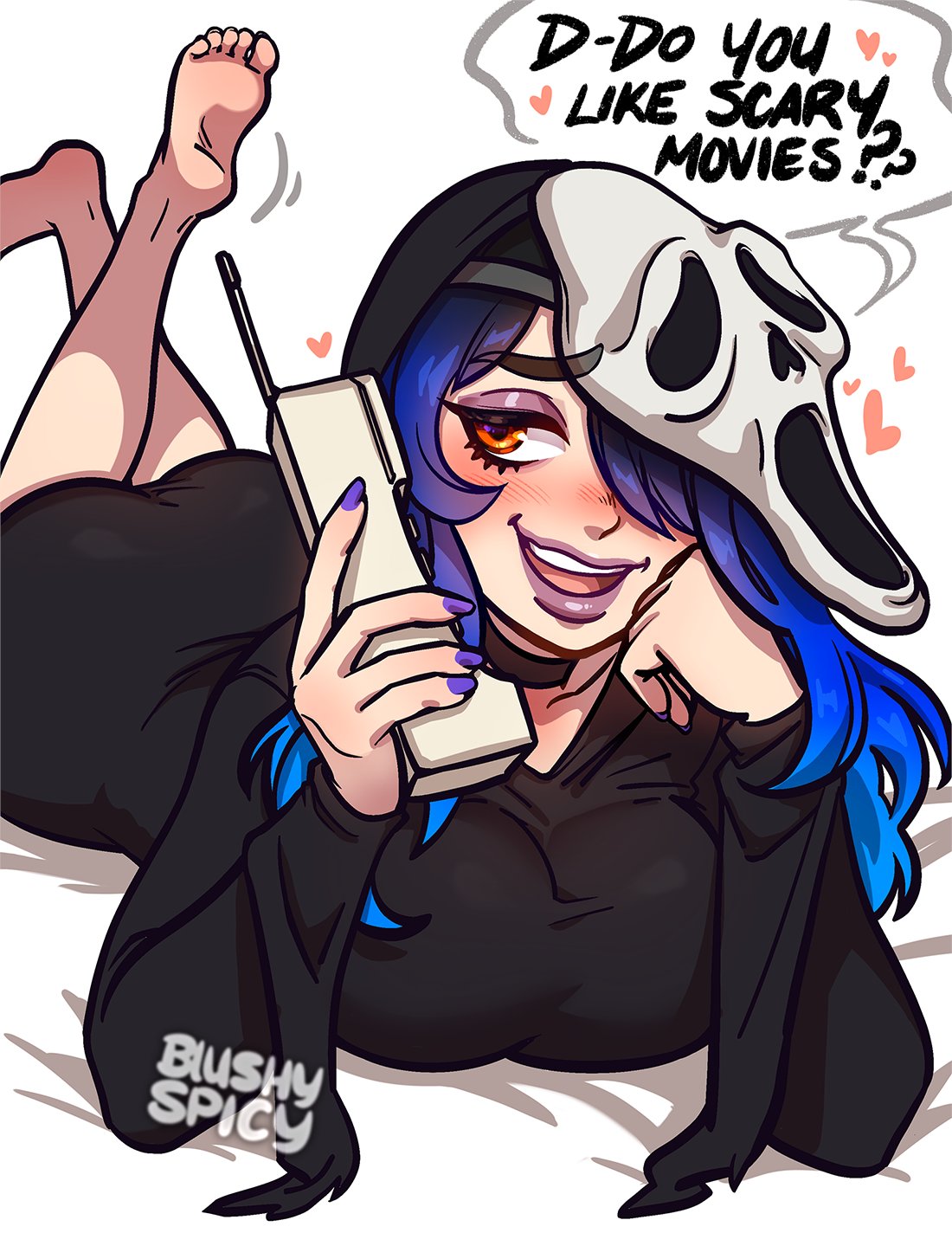 black clothing, blue hair, blushypixy, blushyspicy, female, female ghostface, ghostface, phone, rule 63, scary, scream (franchise)