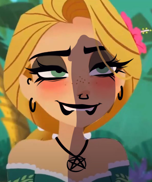 1girls biting_lip black_lipstick blonde blonde_hair blush blushing dimples disney ear_piercing earrings eyeliner eyeshadow female forest_background goth goth_girl green_dress lipstick necklace nose_piercing penis_shadow pentagram pentagram_necklace piercing rapunzel tangled