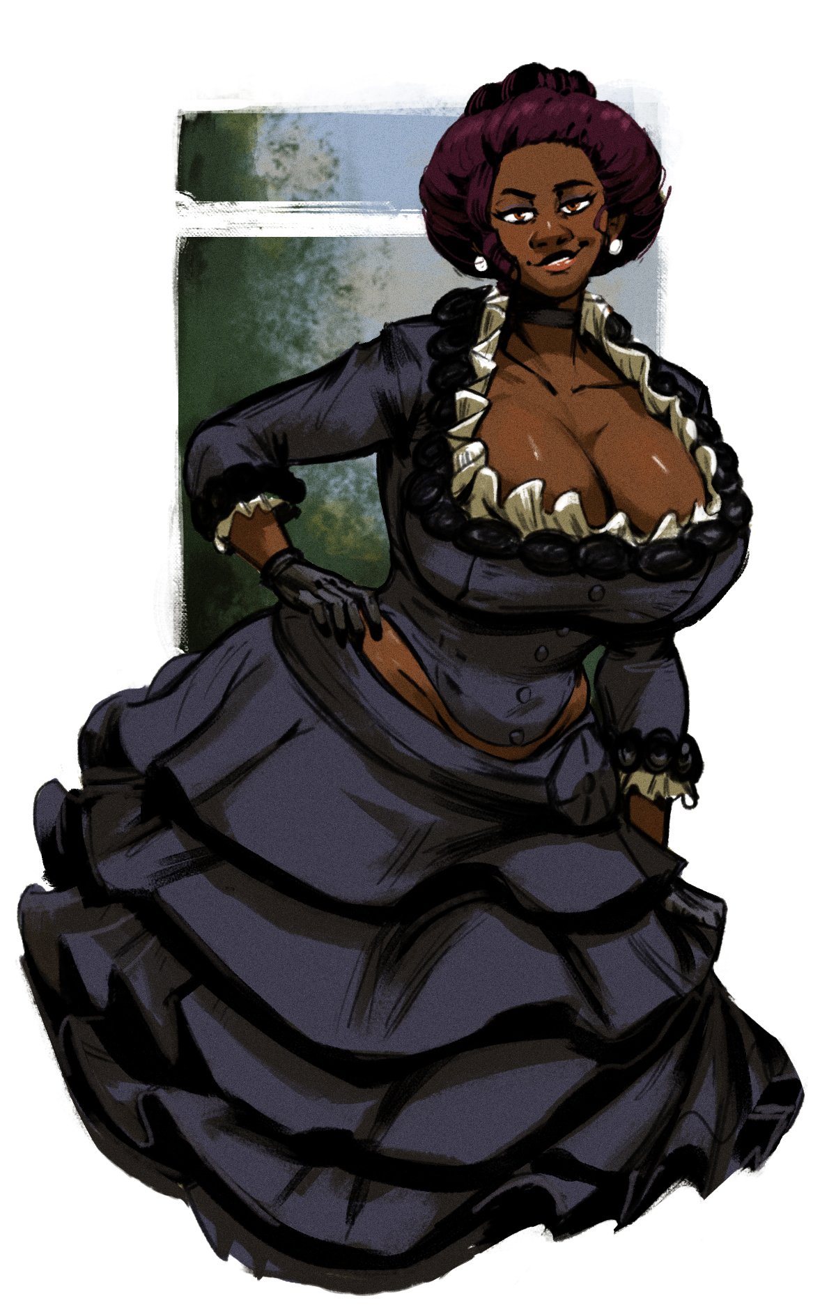 1girls, black dress, black gloves, breasts, cleavage, dark skin, dark-skinned female, dress, female, female only, frilled skirt, frills, gloves, hand on hip, huge breasts, lips, nose, original, pompadour, redblacktac, smile, solo female, updo, victorian
