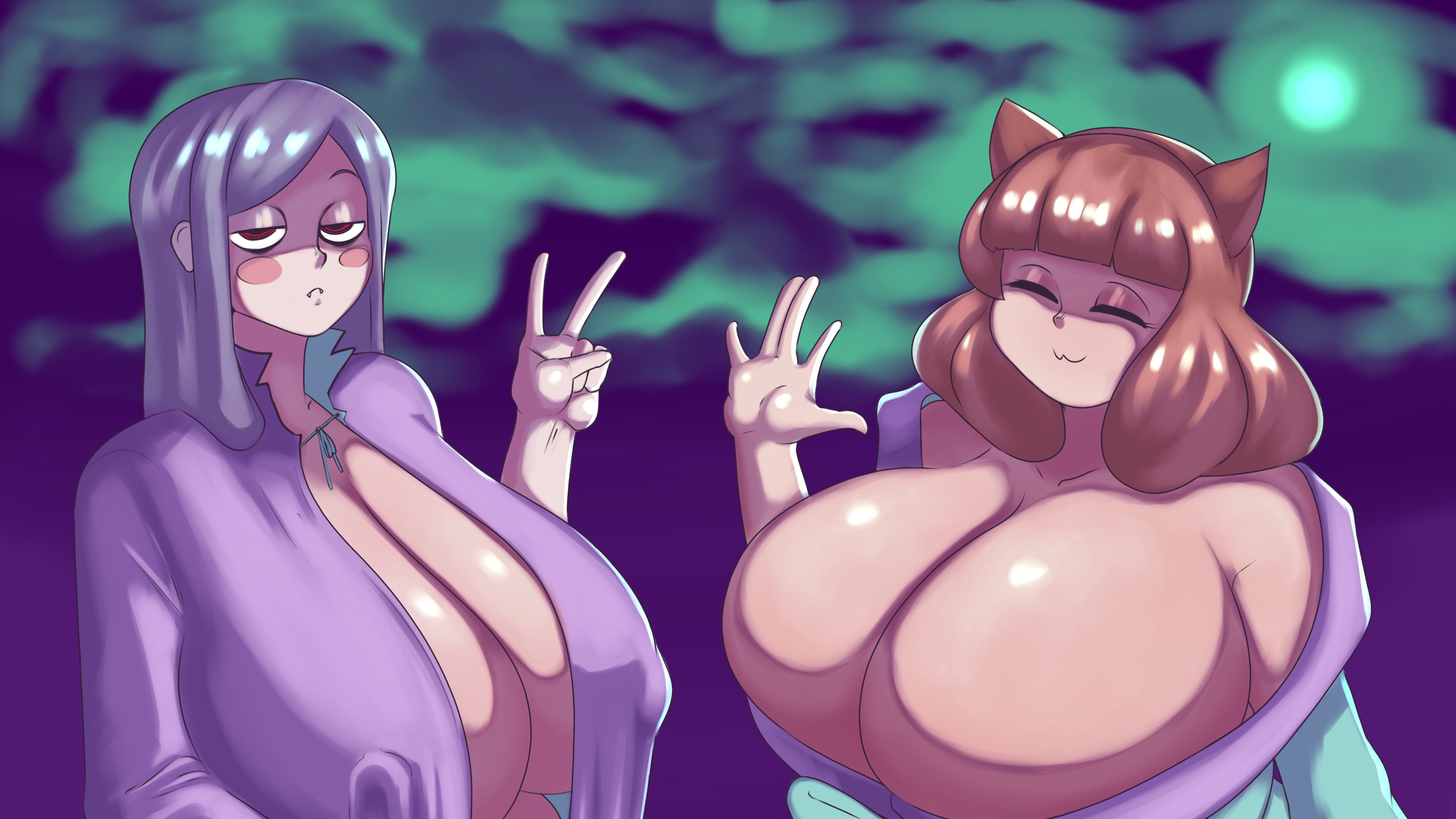 2girls, big breasts, breasts, cat ears, cute, dedalo, fangs, female, gothmom (dedalo), halloween, huge breasts, looking at viewer, maudeline (dedalo), milf, multiple females, multiple girls, peace sign, vampire costume