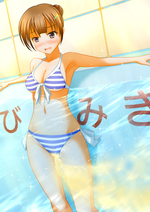 bikini bikini_bottom bikini_top blue_eyes blush blushing brown_hair embarrassed female female_focus female_only navel open_mouth peeing peeing_in_pool peeing_underwater pullpull15 shimapan solo solo_female solo_focus swimming_pool swimsuit swimwear tagme urinating urine wetting wetting_self