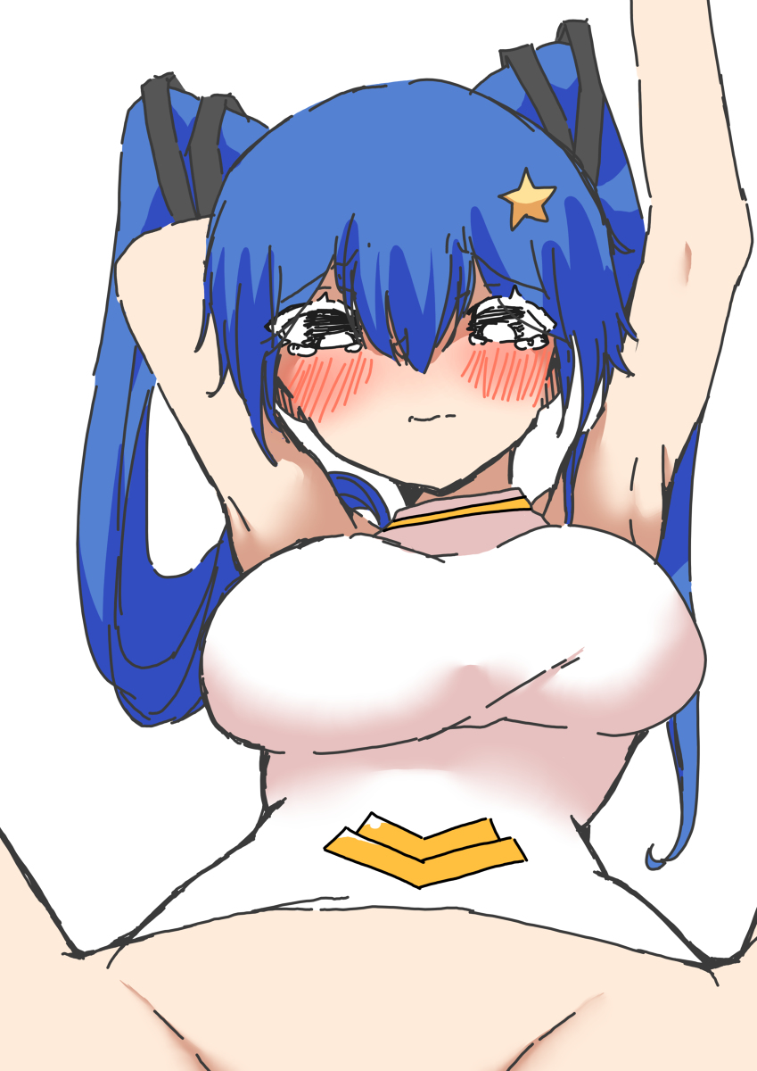 bedwars_(easy.gg) blue_hair bottomless bottomless_female breasts easy.gg embarrassed embarrassed_nude_female falling_(artist) hair_ornament hand_behind_head roblox roblox_game robloxian star star_collector_stella tagme twintails white_shirt