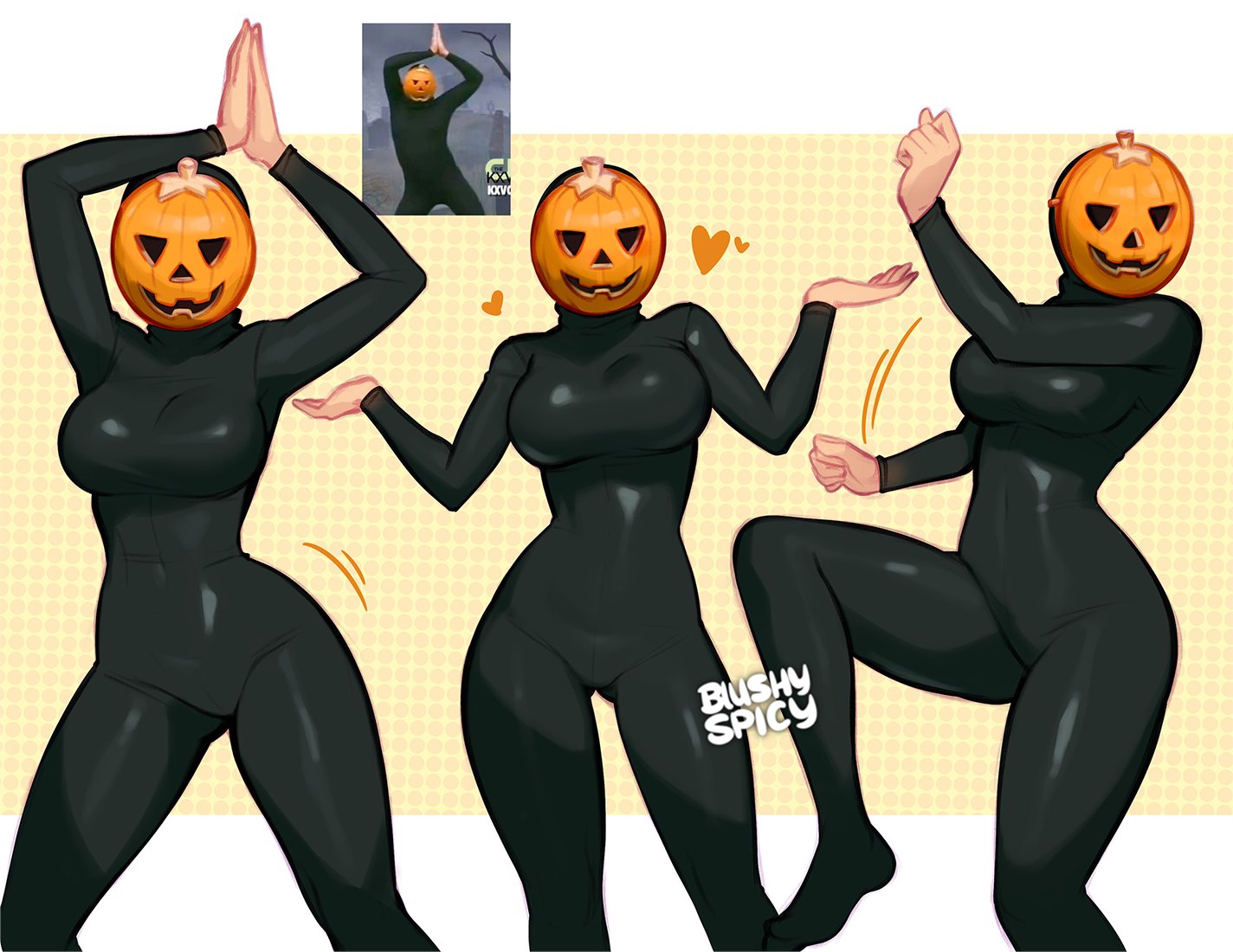 black bodysuit, blushypixy, blushyspicy, bodysuit, clothed female, dancing, female, mask, masked, masked female, meme, pumpkin, pumpkin head, spooky scary skeletons, tight clothing