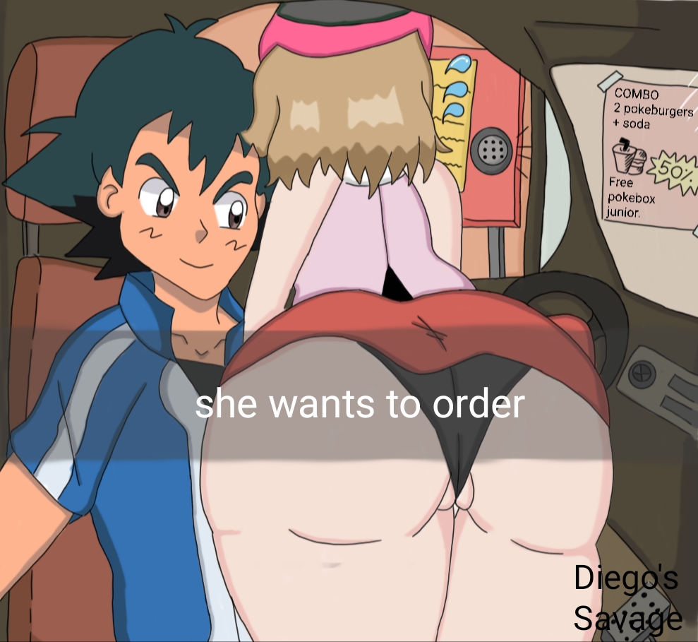 1boy 1girls amourshipping artist_name ash_ketchum ass big_ass black_panties car_interior drive_thru female female_focus flying_sweatdrops hat he_wants_to_order meme nintendo nude pokemon pokemon_(anime) pokemon_xy pussy satoshi_(pokemon) serena_(pokemon) she_wants_to_order skirt smile upskirt vagina