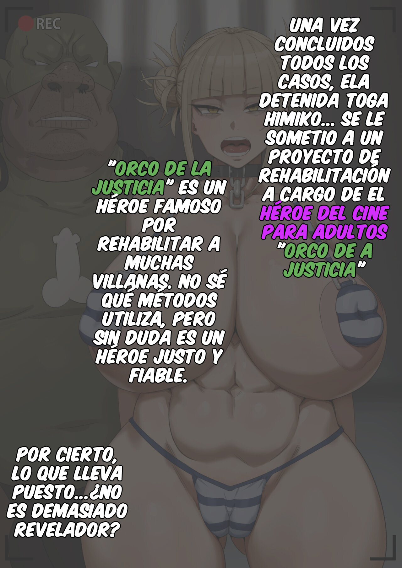 bimbo, blonde hair, female, himiko toga, kunaboto, my hero academia, open mouth, prisoner, spanish text, tagme, venus body