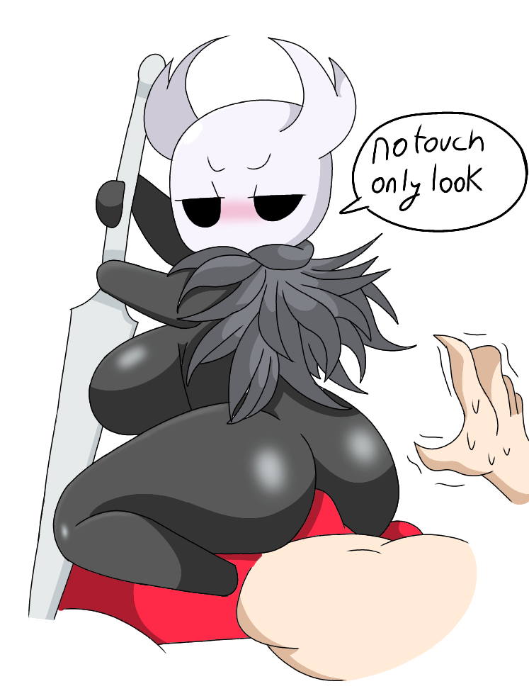 anthro ass big_butt blush bodily_fluids boxers_(clothing) clothing english_text female female_the_knight_(hollow_knight) gesture handshake hollow_knight human male male/female mammal neilious_dyson neiliousdyson nejtacoz58m8 on_lap protagonist_(hollow_knight) red_boxers red_clothing red_underwear rule_63 shaking sitting_on_lap size_difference sweat sweatdrop team_cherry thick_thighs underwear vessel_(species) video_games weapon