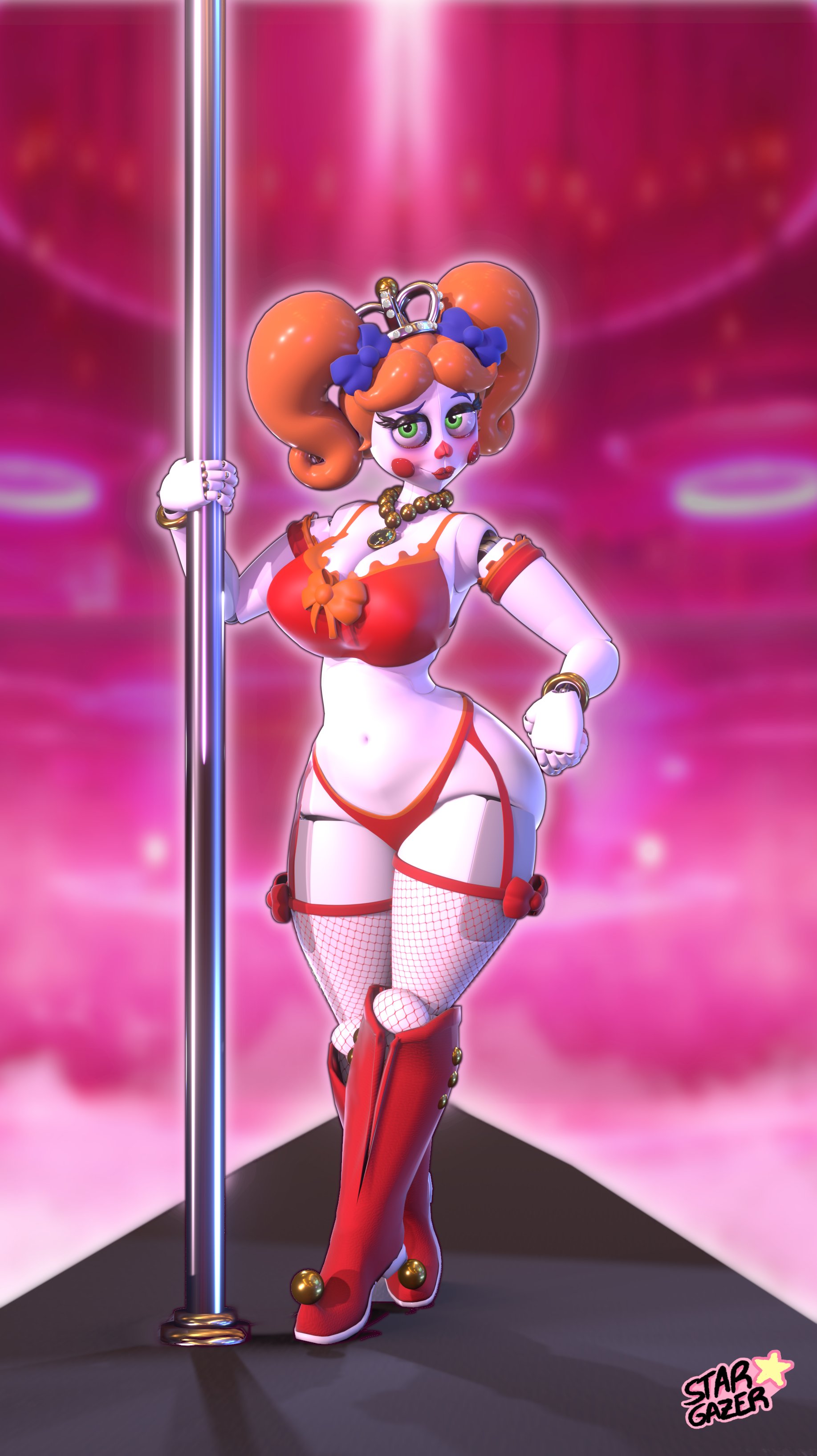 1girls, 3d, 3d (artwork), anthony blender, baby (fnafsl), big breasts, blush, blushing at viewer, boots, breasts, circus baby, circus baby (fnaf), circus mommy, circus mommy 1.0 (anthony blender), cleavage, female, fishnets, five nights at freddy's, five nights at freddy's: sister location, fnaf, green eyes, leggings, lingerie, pole, red outfit, scottgames, sister location, solo, solo female, stripper, stripper pole, thick thighs