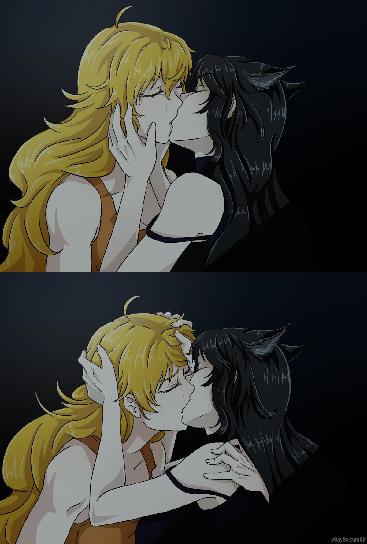 black hair, blake belladonna, blonde hair, canon couple, cat ears, crying, faunus, female, female only, hand on head, hand on shoulder, kemonomimi, kissing, nekomimi, passionate, rwby, tears, y8ay8a, yang xiao long, yaya (y8ay8a), yuri