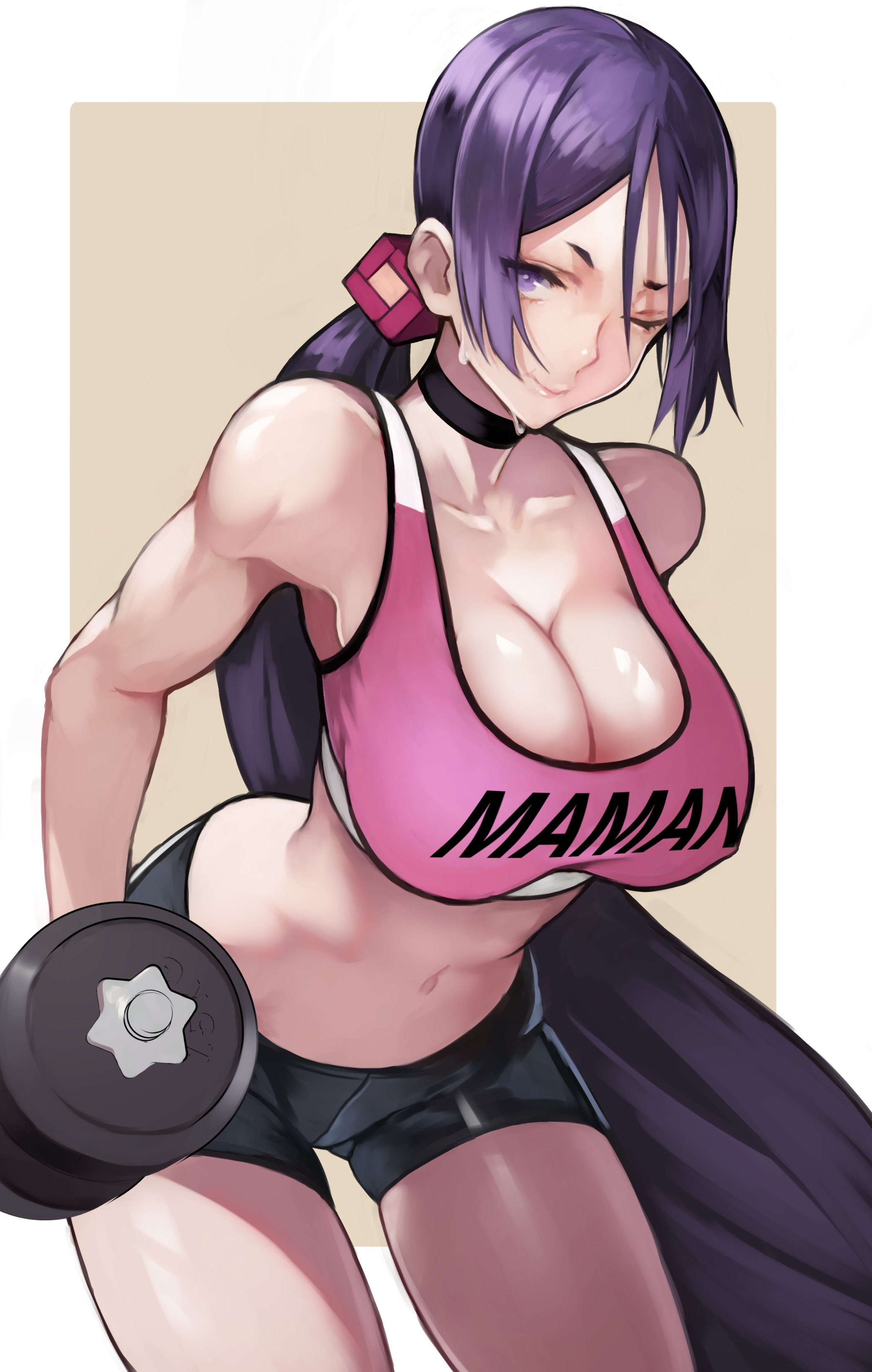 1girls, big breasts, breasts, choker, fate (series), fate/grand order, female, minamoto no raikou (fate/grand order), ponytail, purple eyes, purple hair, short shorts, shorts, sweat, weights, wink, yoshi55level