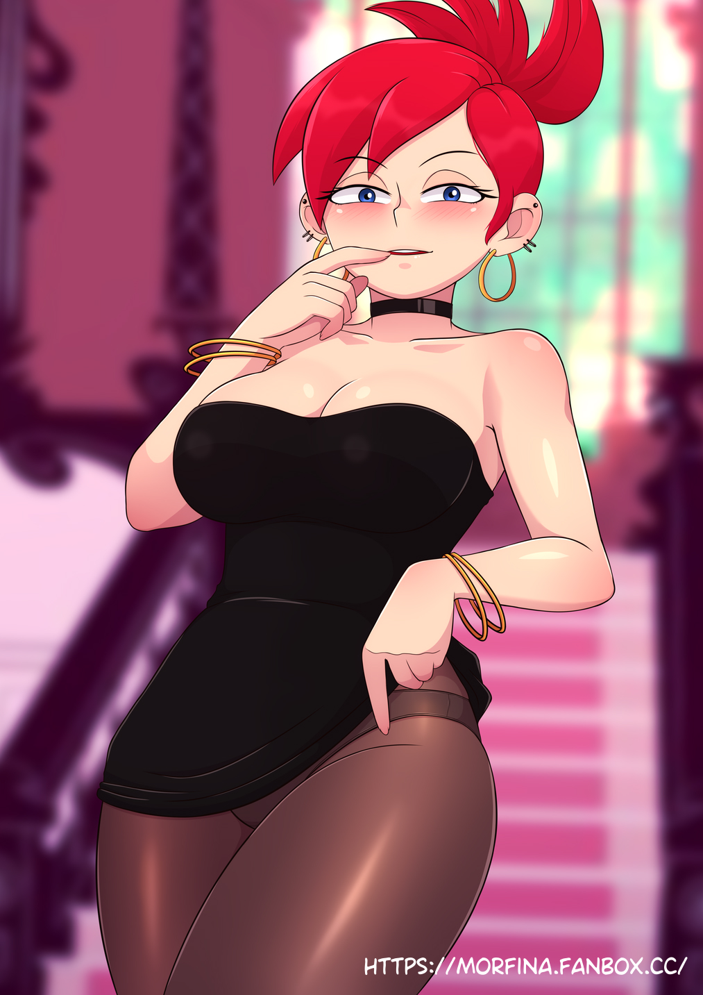 1girls, big breasts, biting finger, bracelet, breasts, cartoon network, dress, dress lift, earrings, fanbox username, female, female only, foster's home for imaginary friends, frankie foster, fully clothed, indoors, looking at viewer, morfinared, open mouth, panties, pantyhose, pinup, ponytail, portrait, short hair, showing panties, solo, solo female, thick thighs, voluptuous, voluptuous female