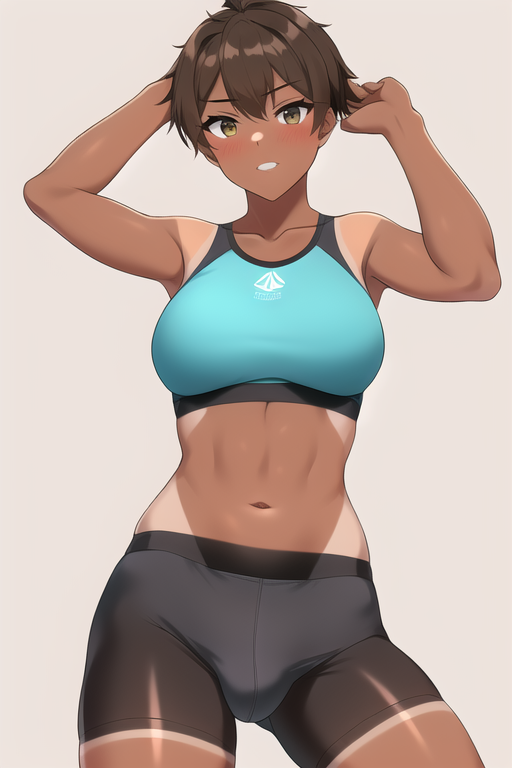 ai_generated clothed clothing dark_skin futanari nai_diffusion original stable_diffusion tan_skin tanlines tomboy very_short_hair yoga_shorts