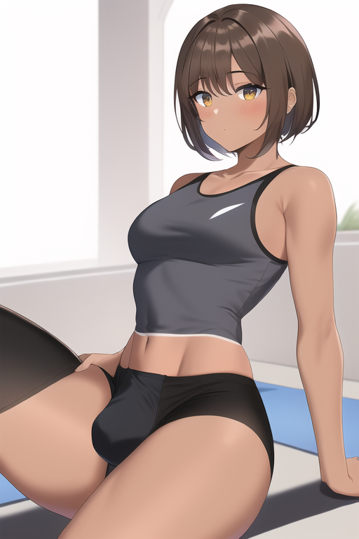 ai generated, brown hair, bulge, bulge through clothing, futanari, intersex, nai diffusion, original, short hair, single thighhigh, sportswear, stable diffusion, tan skin, thighhighs, tight clothing