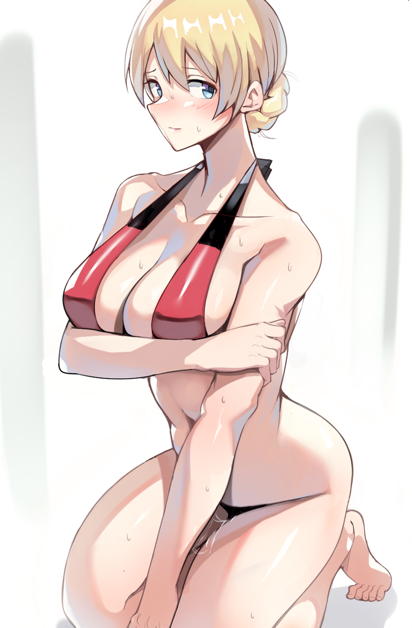 after_masturbation ayakumo barefoot bikini blonde_hair blue_eyes blush bottomless braid breasts cleavage collarbone darjeeling female girls_und_panzer highres large_breasts looking_at_viewer navel pussy_juice pussy_juice_trail red_bikini short_hair sitting solo sweat swimsuit thighs toes