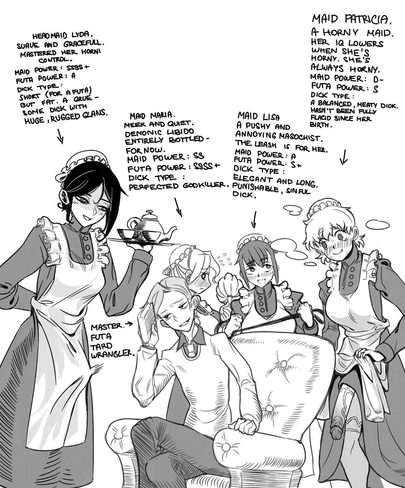 1boy, 4futas, balls, big penis, blush, breasts, clothed, clothing, description, english text, erection, erection under clothes, fully clothed, futanari, futasub, horny, huge cock, human, intersex, leash, maid, maid uniform, male, maledom, monochrome, panzermeido, penis, secunduspublius, simple background, sitting, skirt lift, standing, surrounded by futa, tenting, text, veiny penis, white background