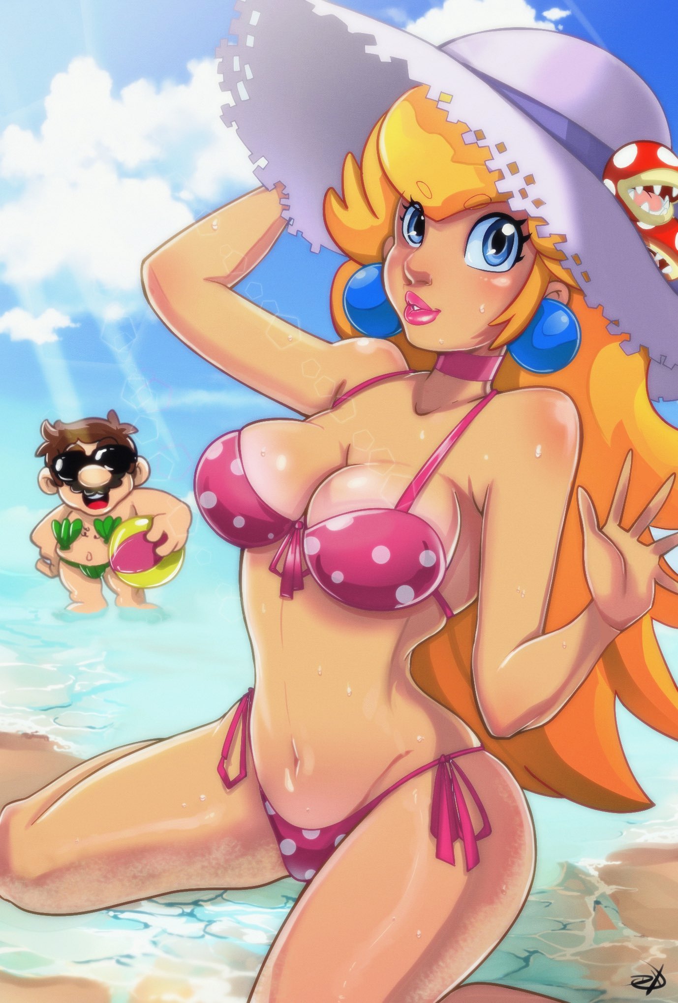 1boy 1girls ball beach bikini blonde_hair blue_eyes brown_hair character_in_background choker delux earrings female female_focus hat hi_res inflatable long_hair looking_at_viewer male mario mario_(series) nintendo pink_lipstick princess_peach seaside solo_focus summer_hat sunglasses