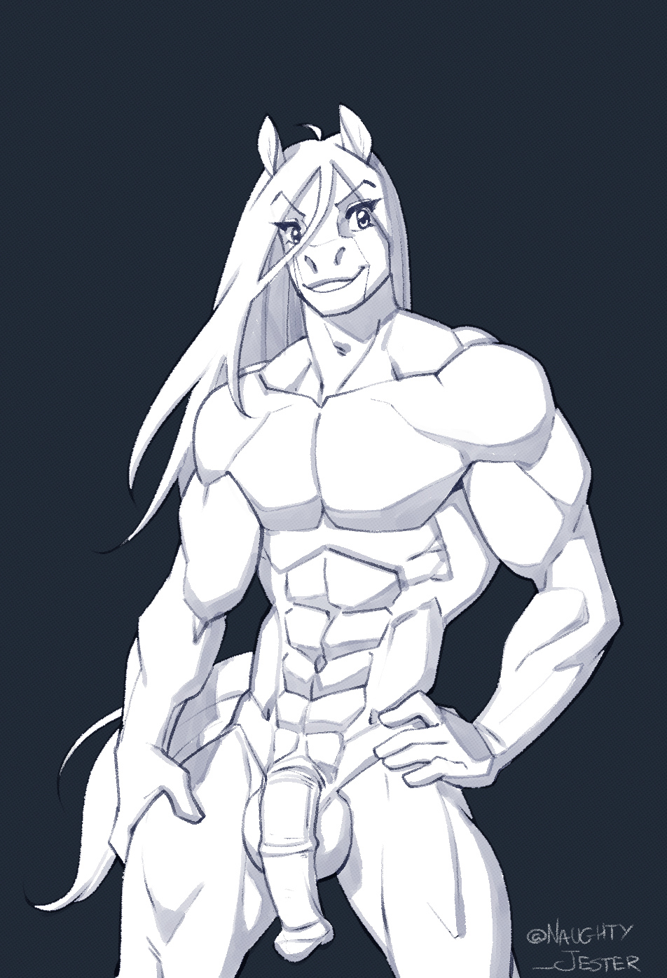 2022 abs alternate_version_at_source animal_genitalia animal_penis anthro balls equid equine_penis flaccid genitals hair hand_on_hip hi_res lapinbeau long_hair male mammal monochrome muscular muscular_anthro muscular_male penis signature smile solo solo_focus