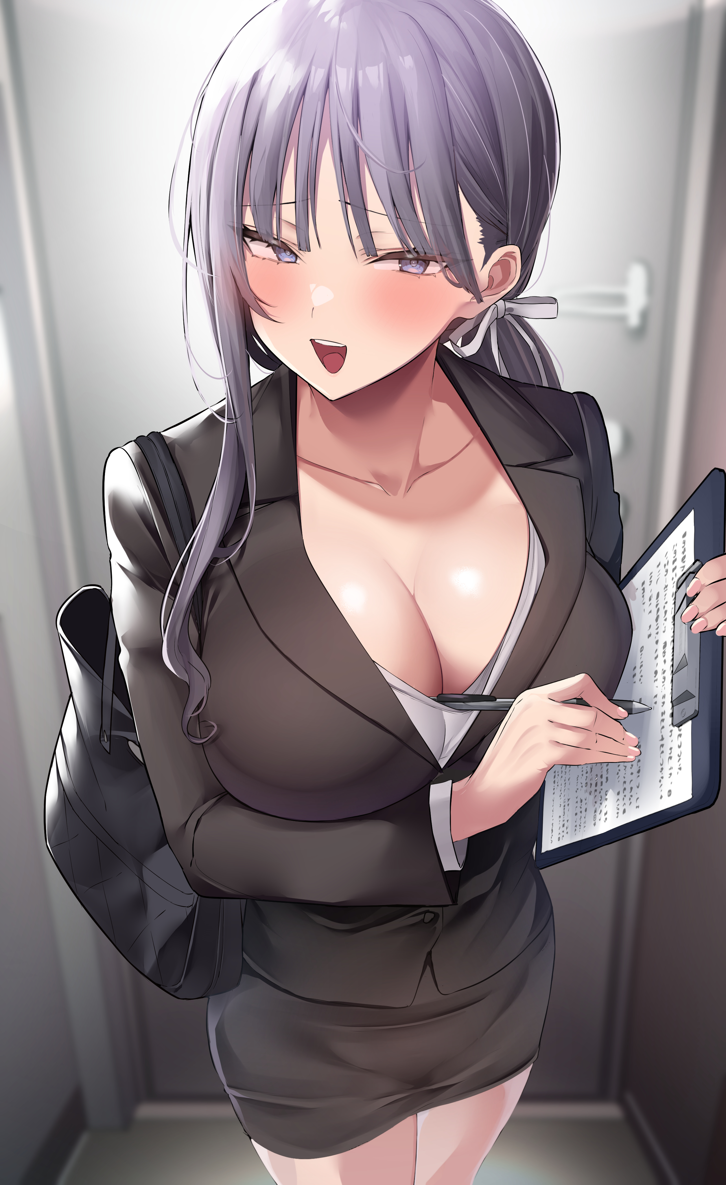 1girls, asymmetrical hair, breasts, cleavage, clothed, clothed female, female, hi res, huge breasts, lavender eyes, lavender hair, light skin, light-skinned female, looking at viewer, mitsudoue, naughty face, oc, office lady, original character, ponytail, secretary, short skirt, skirt, smile, suggestive look