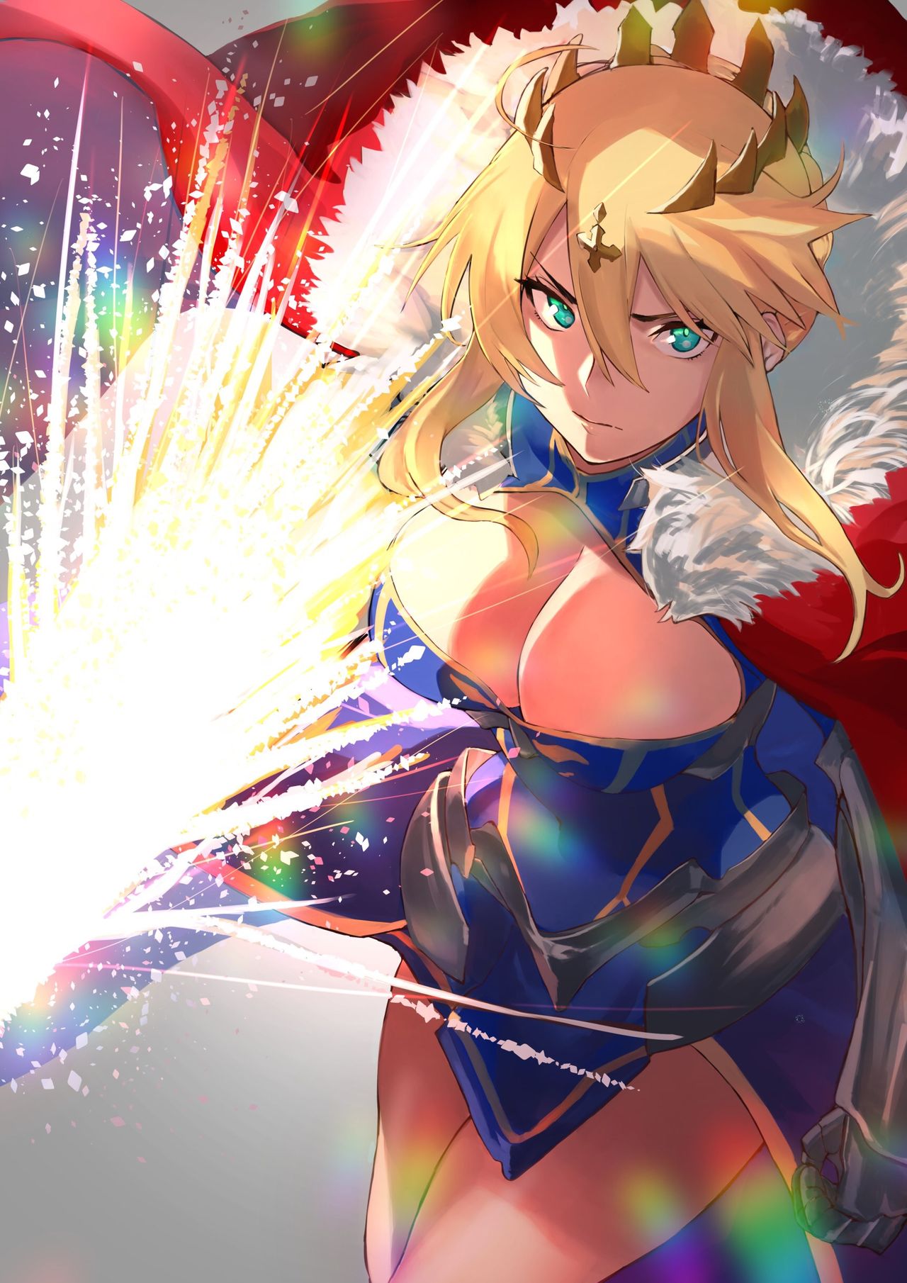 1girls, artoria pendragon, artoria pendragon (lancer), big breasts, black clothing, blonde hair, blue clothing, bodysuit, breasts, fate (series), fate/grand order, female, hotate-chan, light skin, light-skinned female, solo