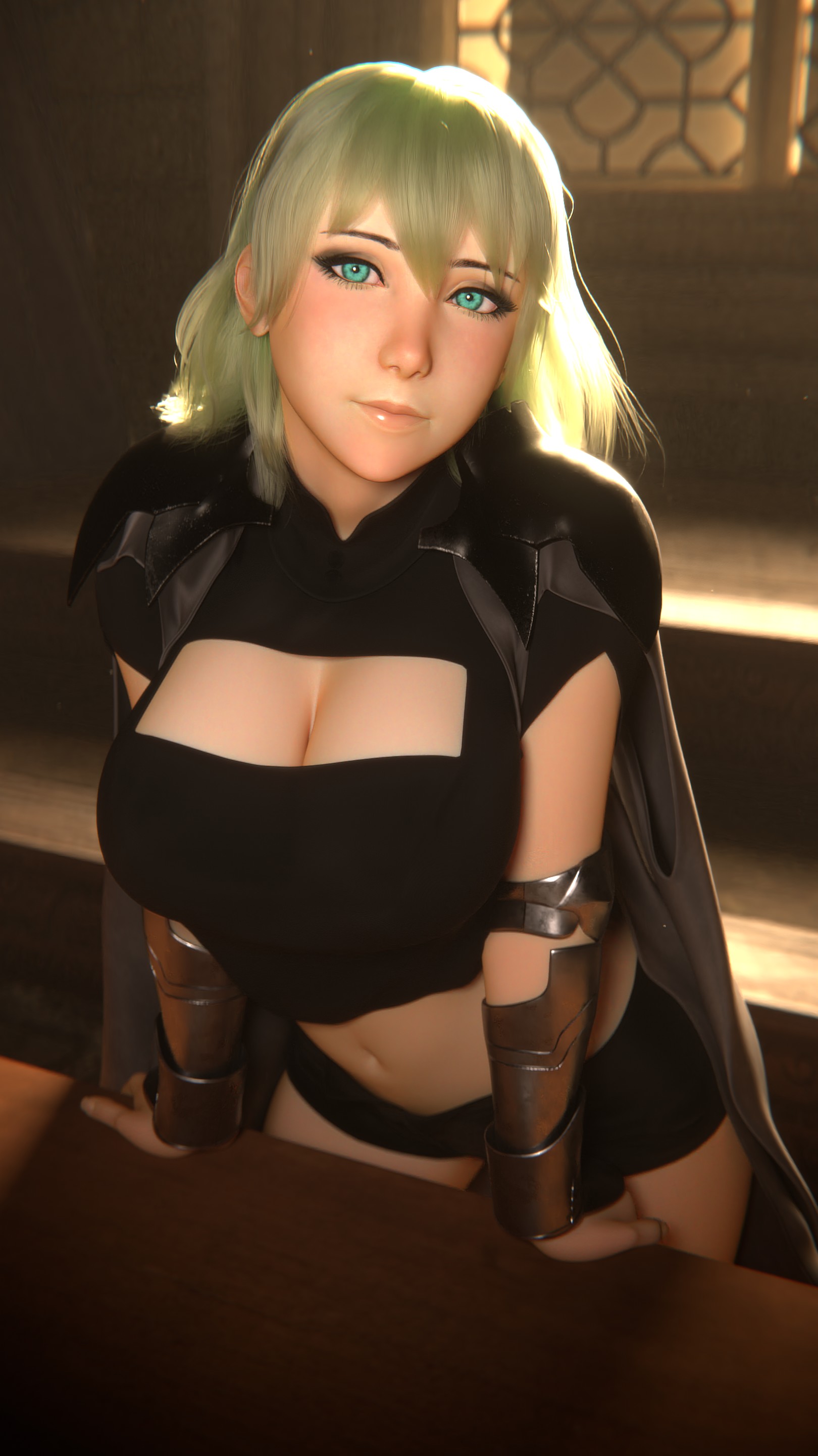 1girls, 3d, 9:16, absurdres, arm guards, breasts, byleth (fire emblem), byleth (fire emblem) (female), cape, cleavage, cleavage cutout, clothing cutout, crop top, desk, enlightened byleth (female), female, female only, fire emblem, fire emblem: three houses, green eyes, green hair, highres, j9006, large breasts, leaning forward, looking at viewer, medium hair, midriff, nintendo, short shorts, shorts, smile, solo, sunlight, sunset, thighs, window