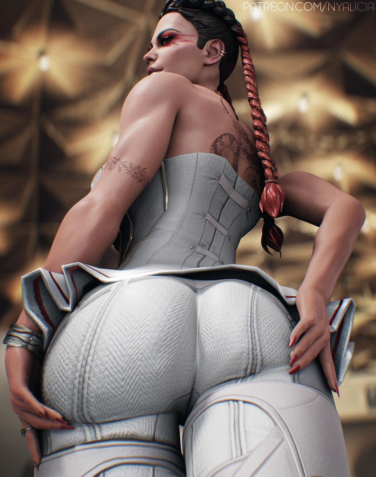1girls, 3d, apex legends, ass, big ass, braid, braids, dark skin, dark-skinned female, earrings, eyeshadow, female, female only, loba (apex legends), nyalicia, posing, respawn entertainment, seductive, solo, tattoo