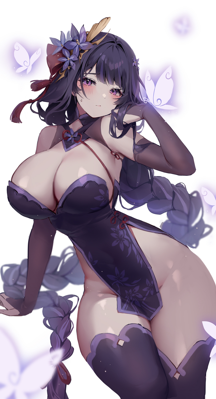 1girls, braided hair, breasts, butterfly, cleavage, female, genshin impact, hips, huge breasts, j hayan, light skin, light-skinned female, long hair, no panties, purple eyes, purple hair, raiden shogun, simple background, slim waist, thick thighs, thighhighs, thighs, wide hips