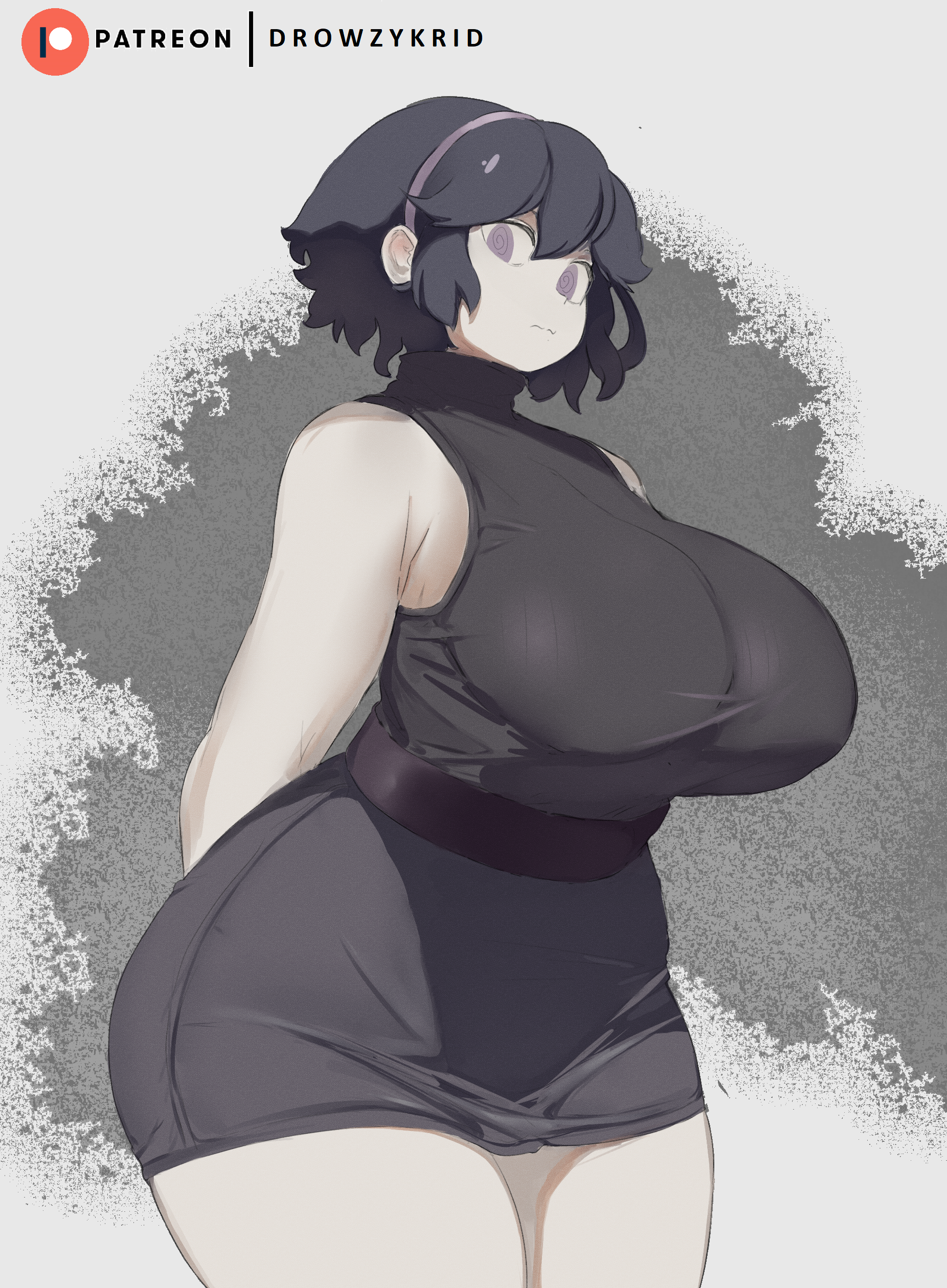 ass, big breasts, bra, breasts, clothing, female, female focus, female only, full body, happy, hex maniac, hips, hips wider than shoulders, huge ass, huge breasts, krid (artist), large ass, nintendo, pokemon, purple hair, short hair, stomach, thick ass, thick legs, thick thighs, thighs, turtleneck, underwear, white background, wide hips