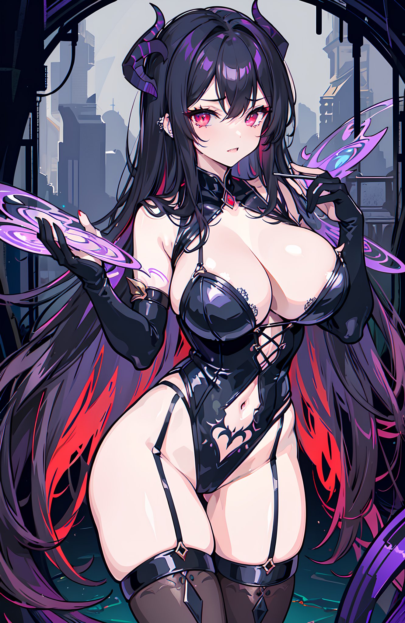 1girls, 2023, ai generated, curvy, curvy body, curvy female, curvy figure, demon, demon girl, female, female focus, high resolution, horned female, horned humanoid, horns, legwear, leotard, lingerie, red eyes, seductive look, solo, solo female, stable diffusion, succubus