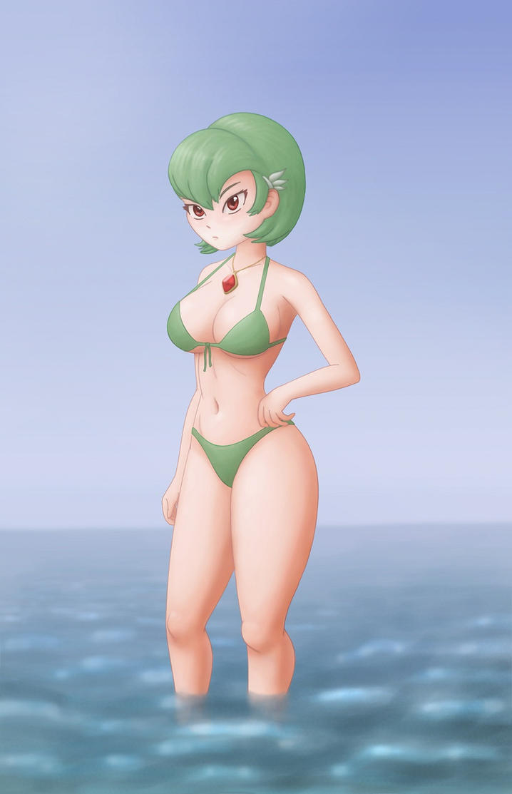 1girls bare_arms bare_back bare_legs bare_midriff bare_shoulders bare_thighs barefoot belly_button big_breasts bikini bikini_bottom bikini_top cleavage gardevoir green_bikini green_bikini_bottom green_bikini_top green_hair human midriff navel necklace pokémon_(species) pokemon pokemon_(species) pokemon_rse pokemon_ss red_eyes red_gem red_necklace red_neckwear thick_thighs