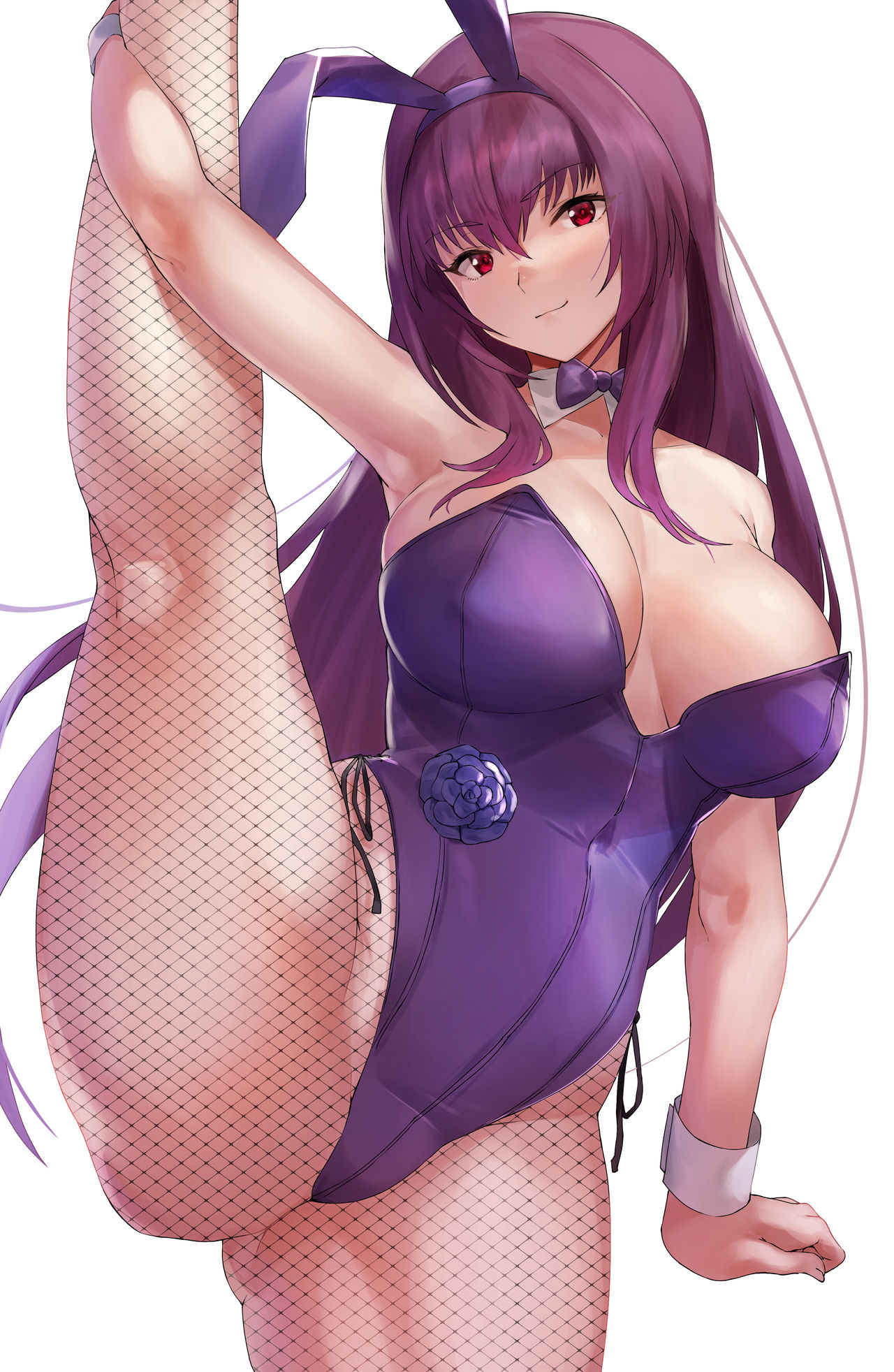 1girls, big breasts, breasts, bunny ears, bunnysuit, fate (series), fate/grand order, female, fishnet legwear, fishnets, hotate-chan, leg lift, scathach (fate), scathach (piercing bunny), solo